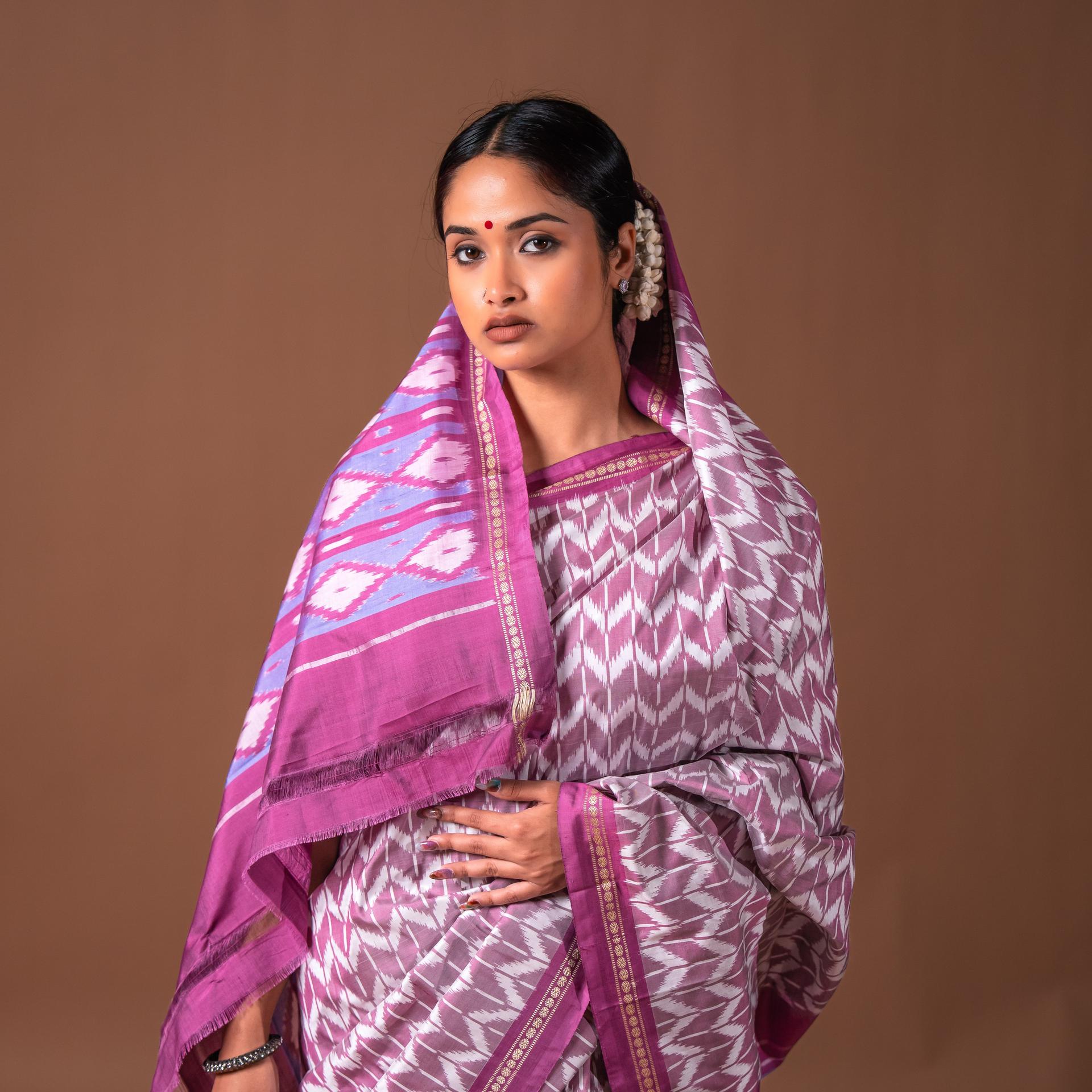 Bibhu Mohapatra Mauve & White Mulberry Silk Pochampally Ikat Saree image 2