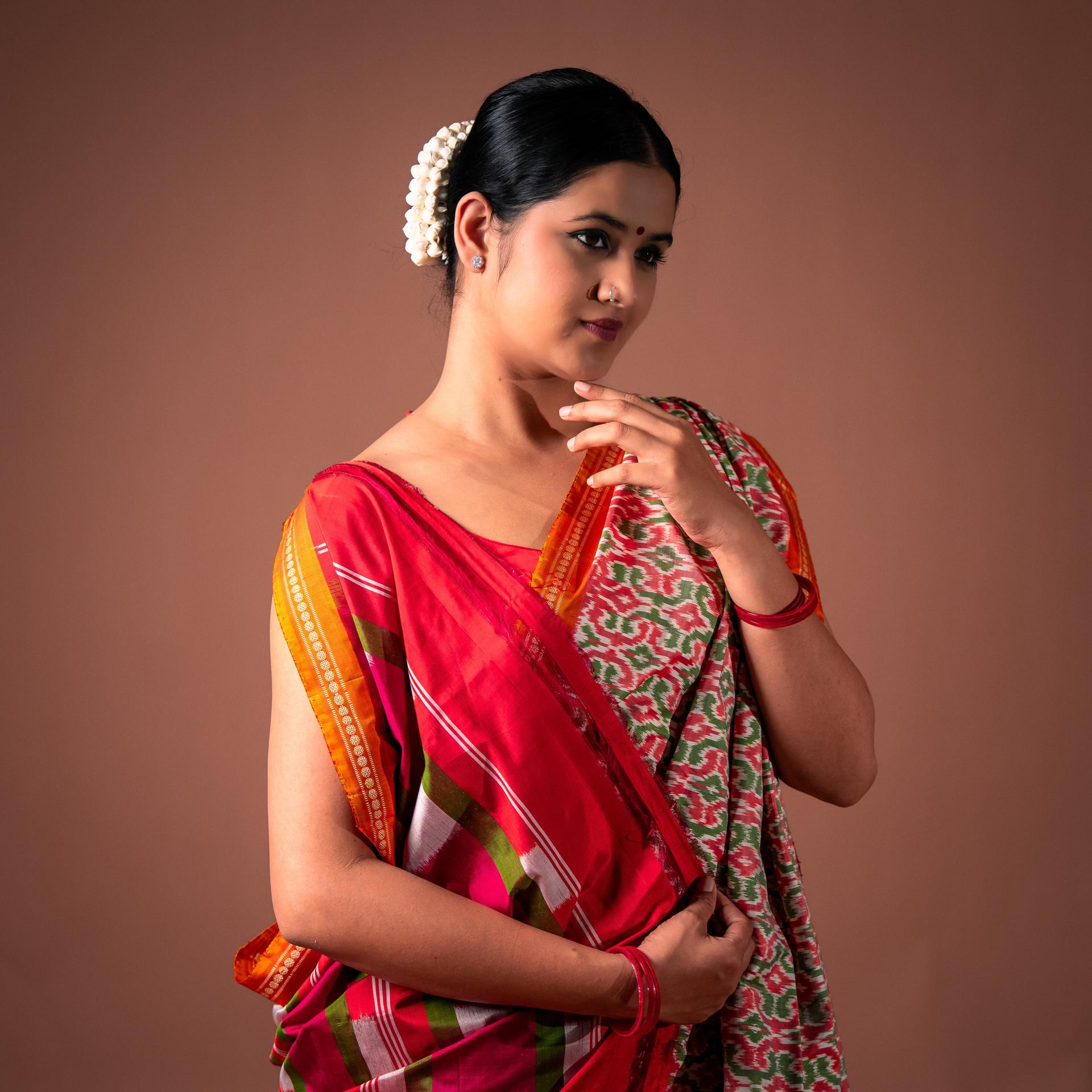 Bibhu Mohapatra Orange & Green Mulberry Silk Pochampally Ikat Saree image 2