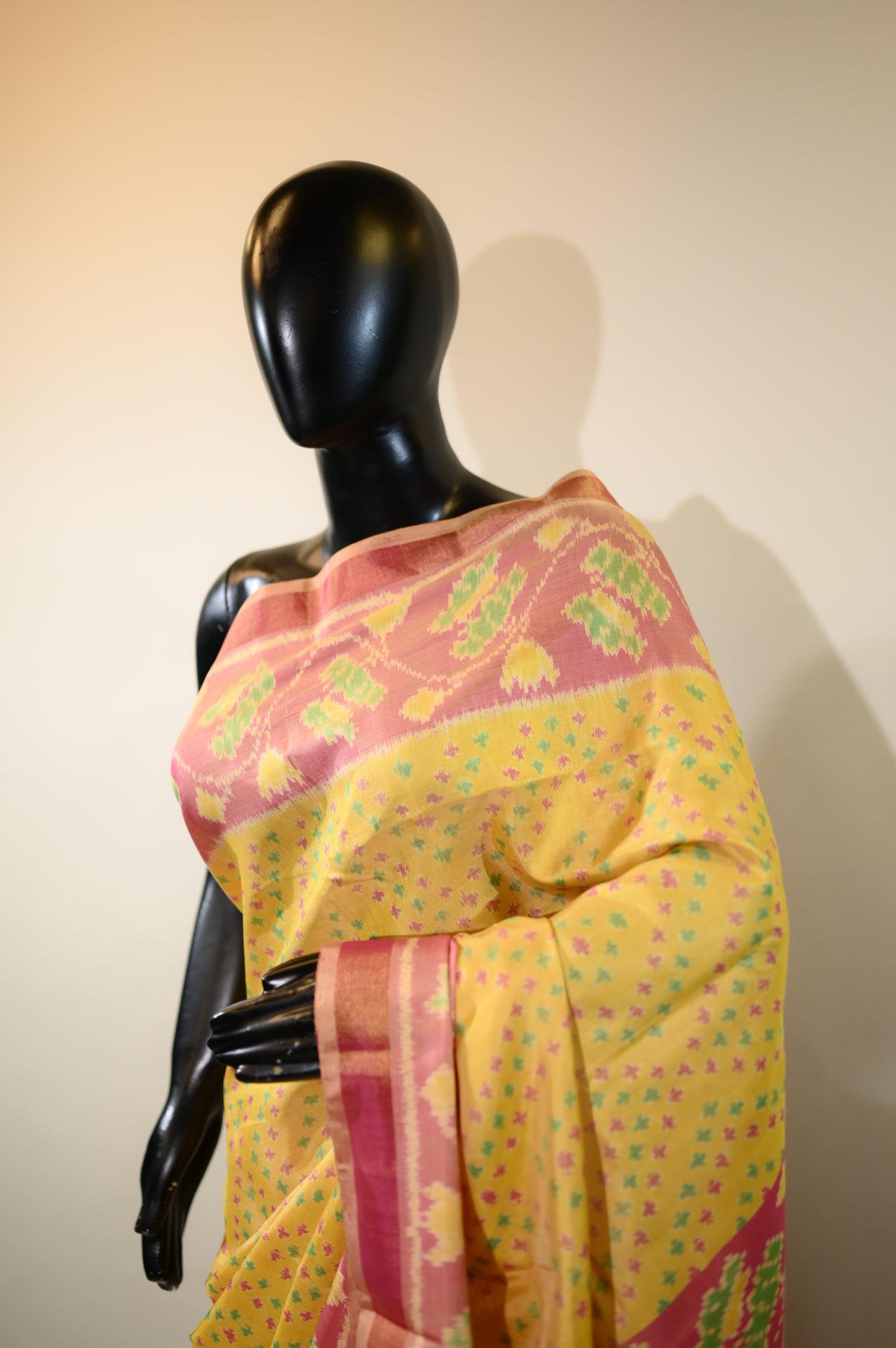 Mustard Yellow & Pink Mulberry Silk Patola Ikat Saree image 3