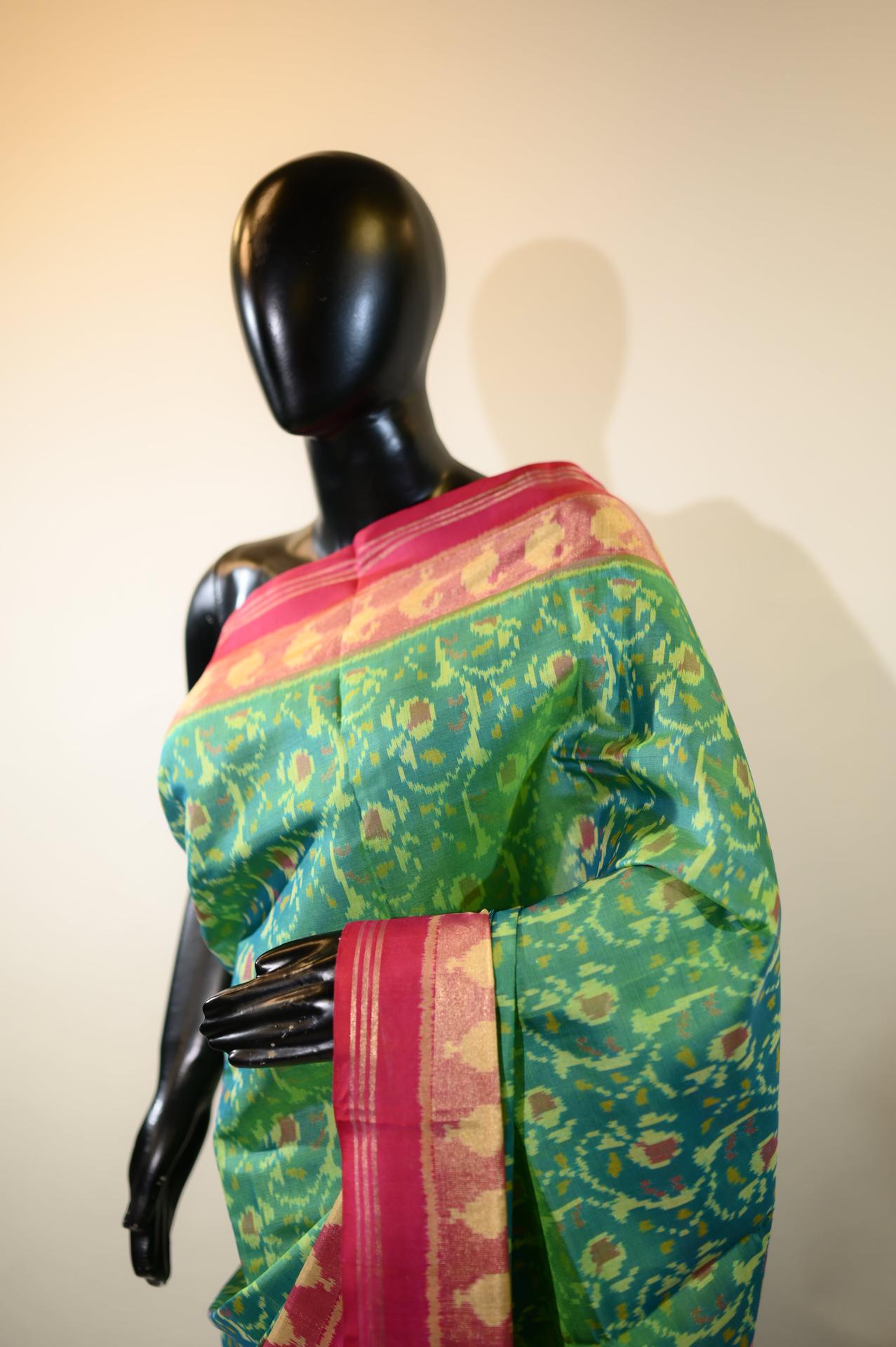 Dual Tone Green & Pink Mulberry Silk Patola Ikat Saree image 3