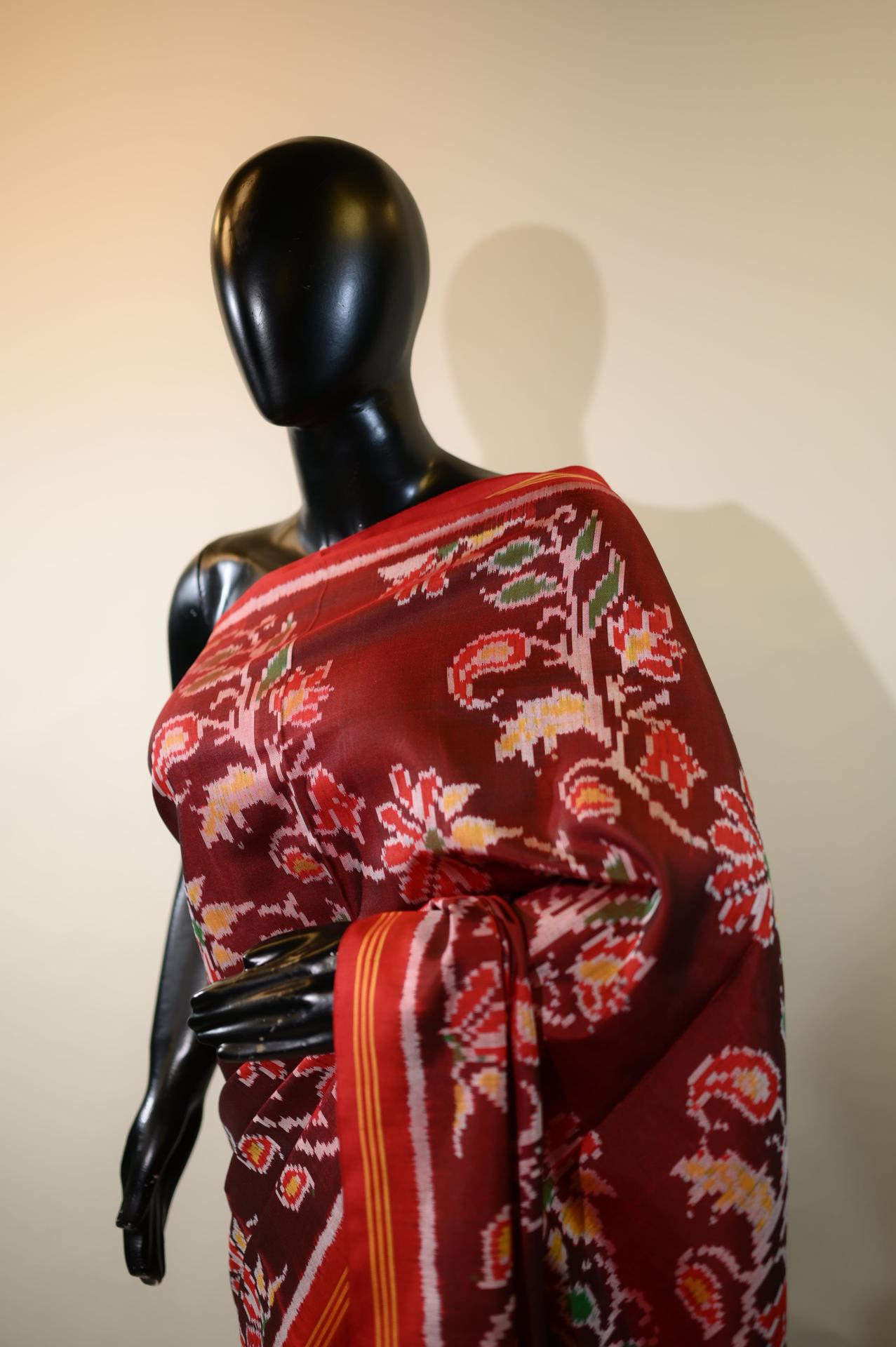 Maroon & Red Mulberry Silk Patola Ikat Saree image 3