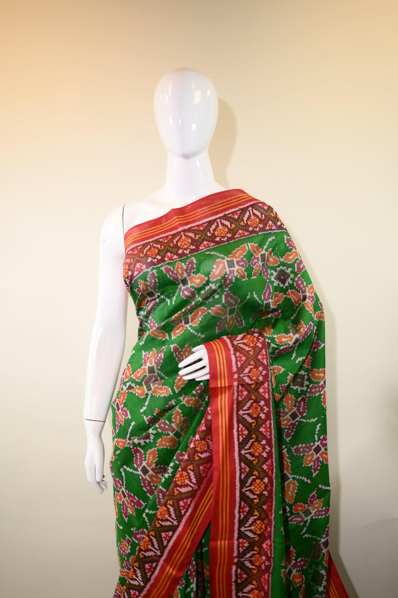 Maroon & Leaf Green Mulberry Silk Patola Ikat Saree image 3