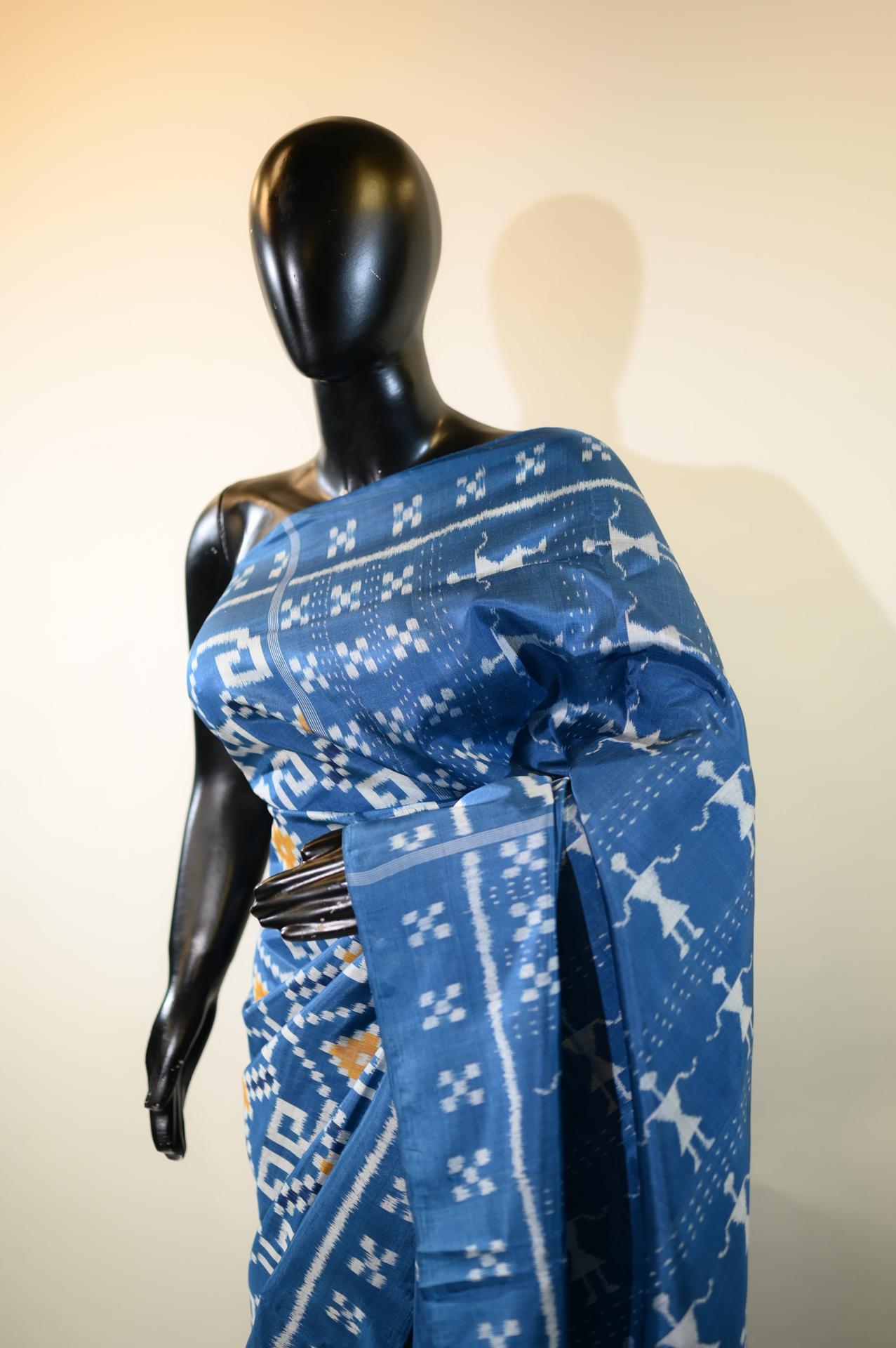 Blue & Yellow Mulberry Silk Odisha Ikat Saree image 3
