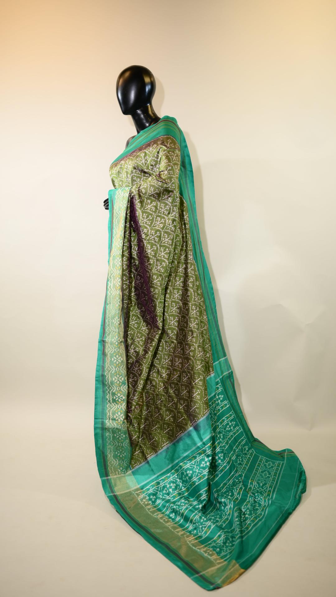 Sage Green & Peacock Green Mulberry Silk Patola Ikat Saree image 3