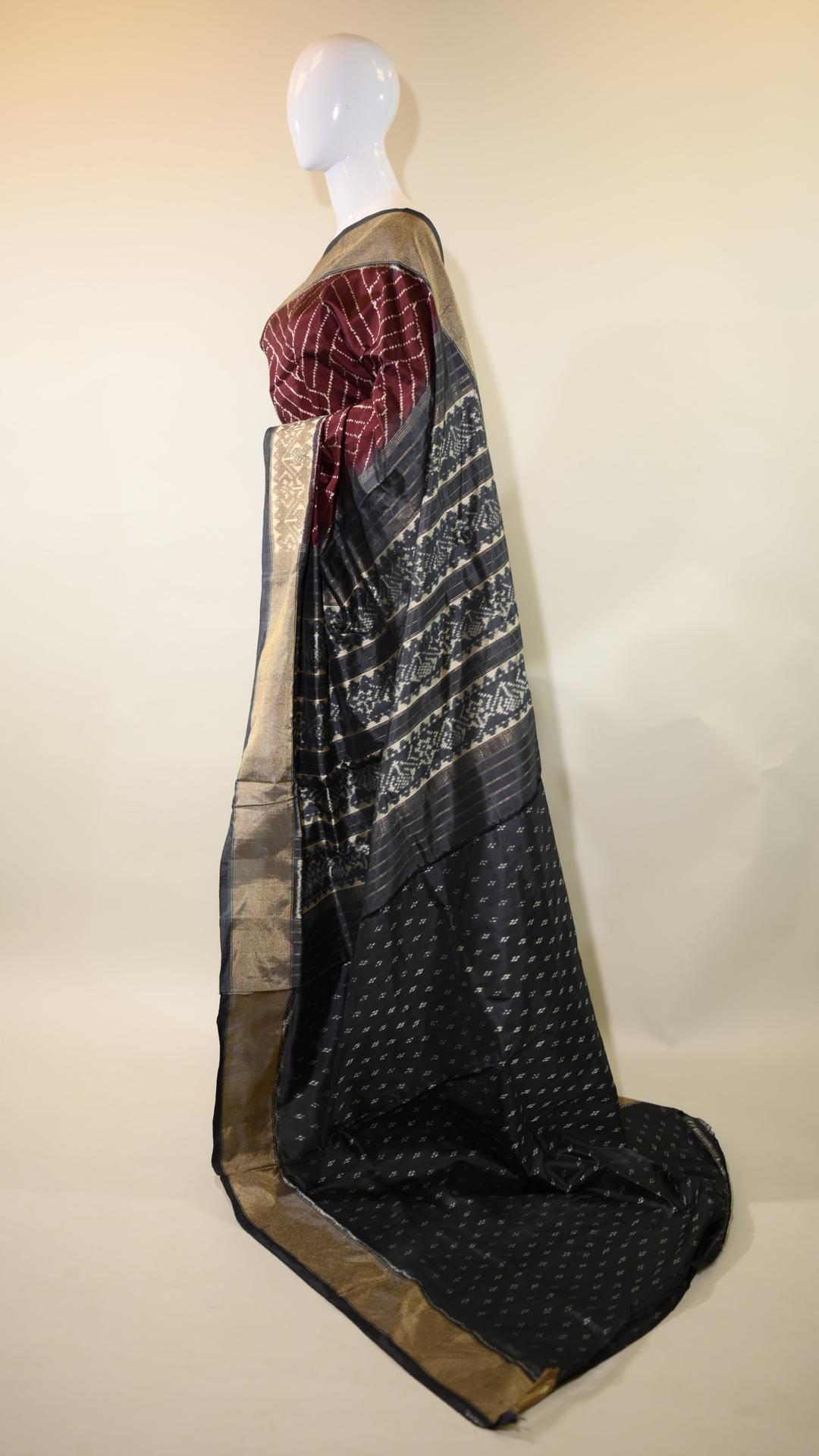 Dark Burgundy & Dark Grey Mulberry Silk Pochampally Ikat image 3
