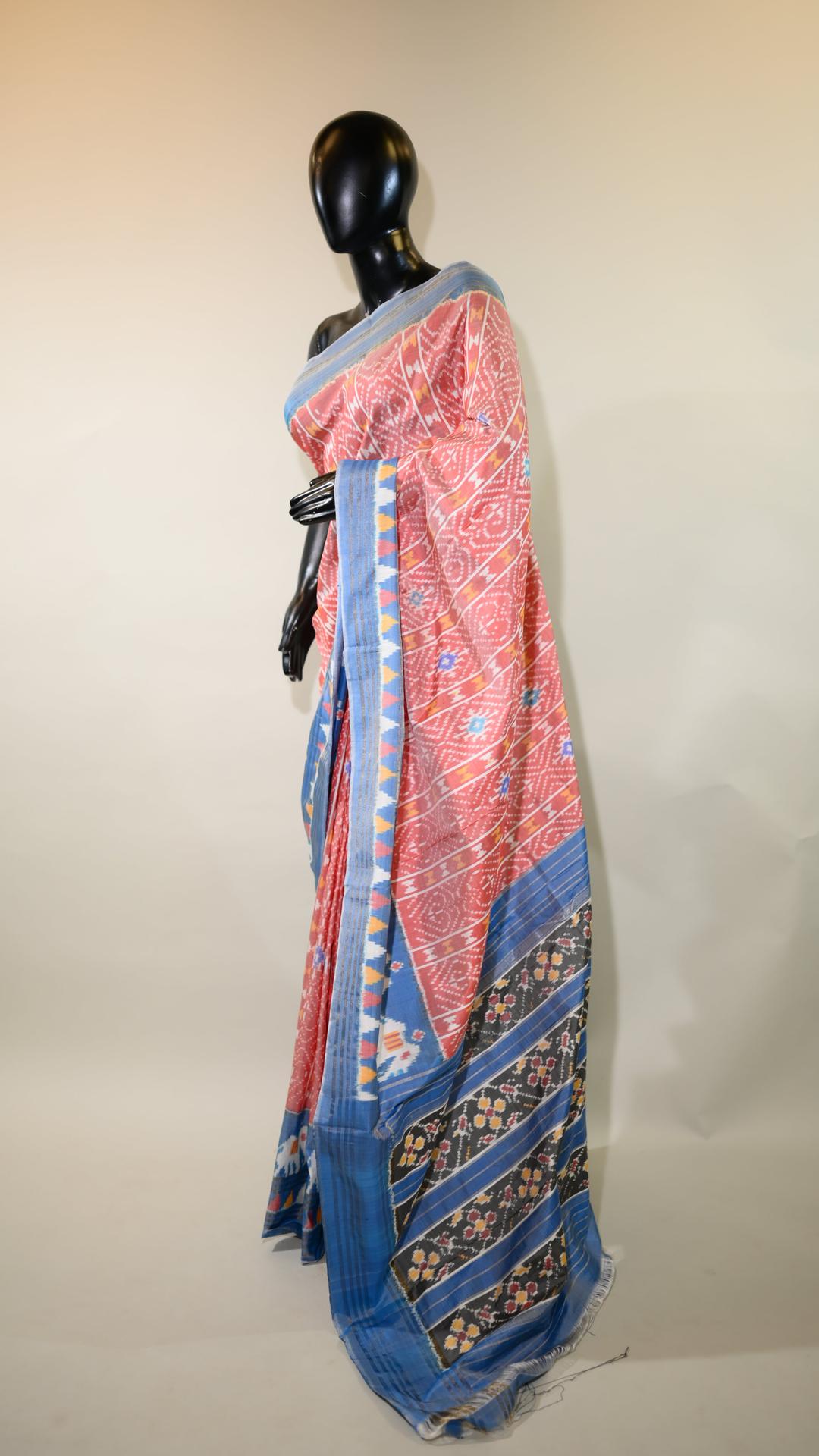 Brick Red & Light Blue Mulberry Silk Pochampally Ikat Saree image 3