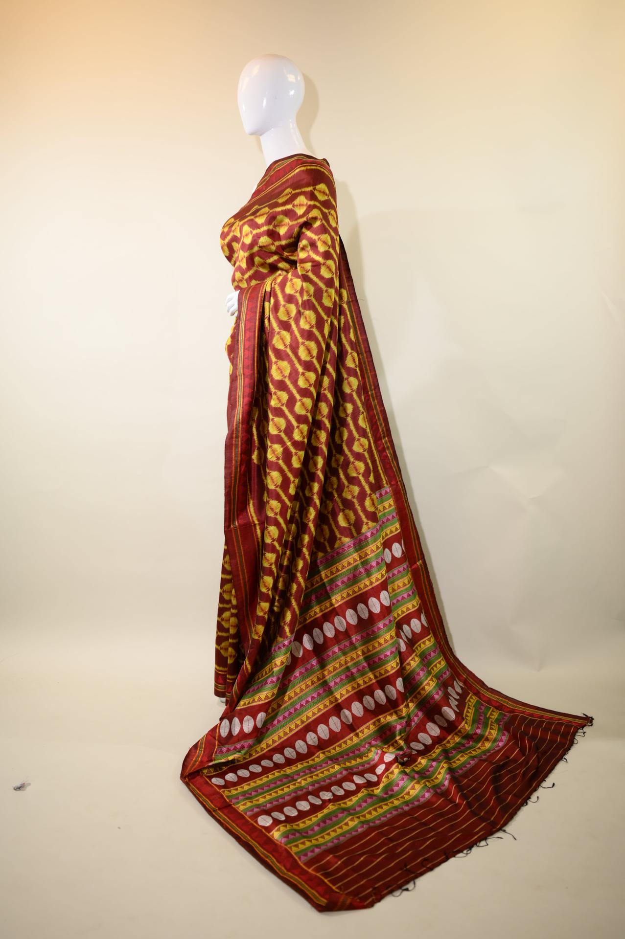 Maroon & Orangish Yellow Mulberry Silk Odisha Ikat Saree image 3