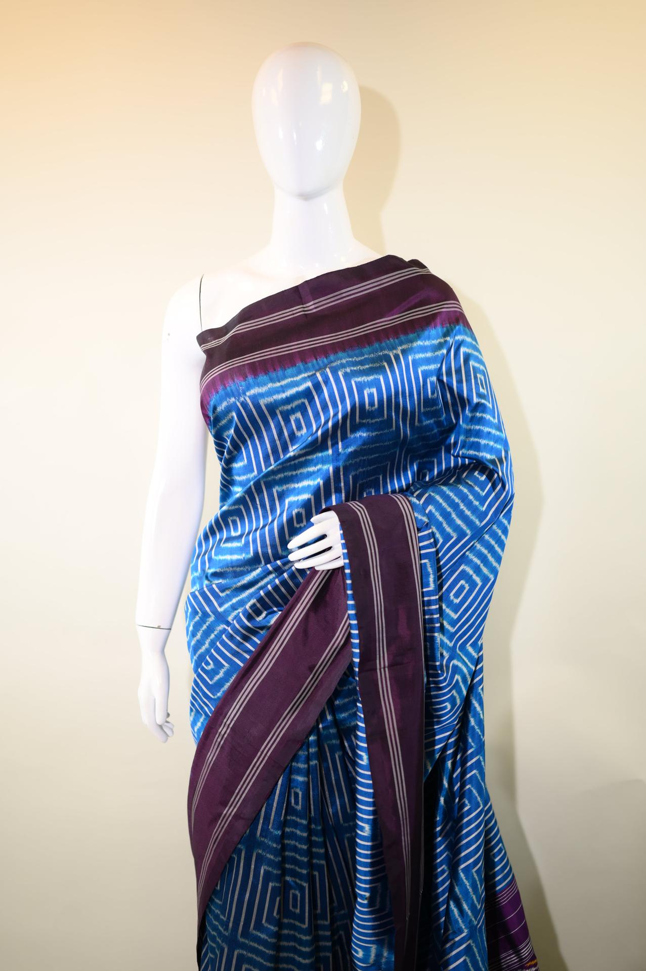 Electric Blue & Indigo Mulberry Silk Pochampally Ikat Saree image 3