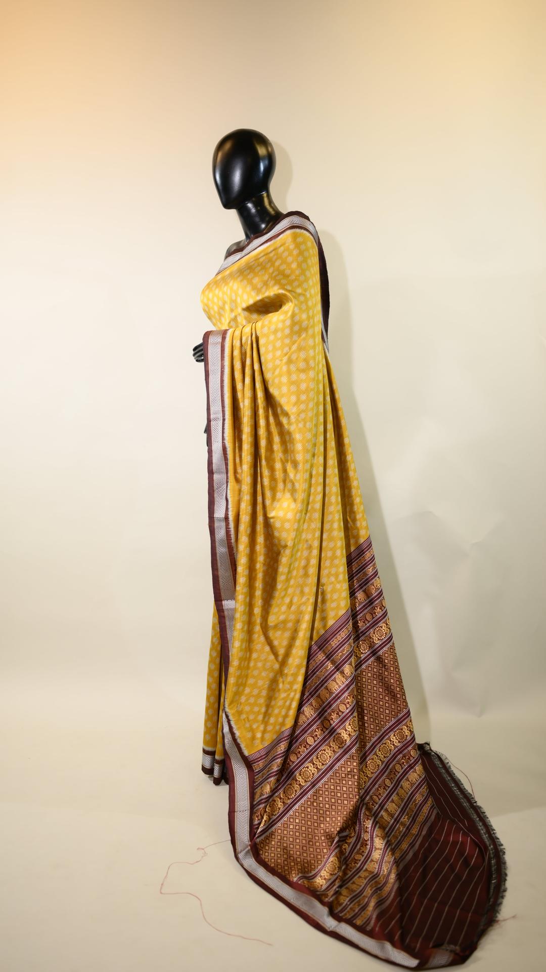 Dark Yellow & Brown Mulberry Silk Odisha Ikat Saree image 3