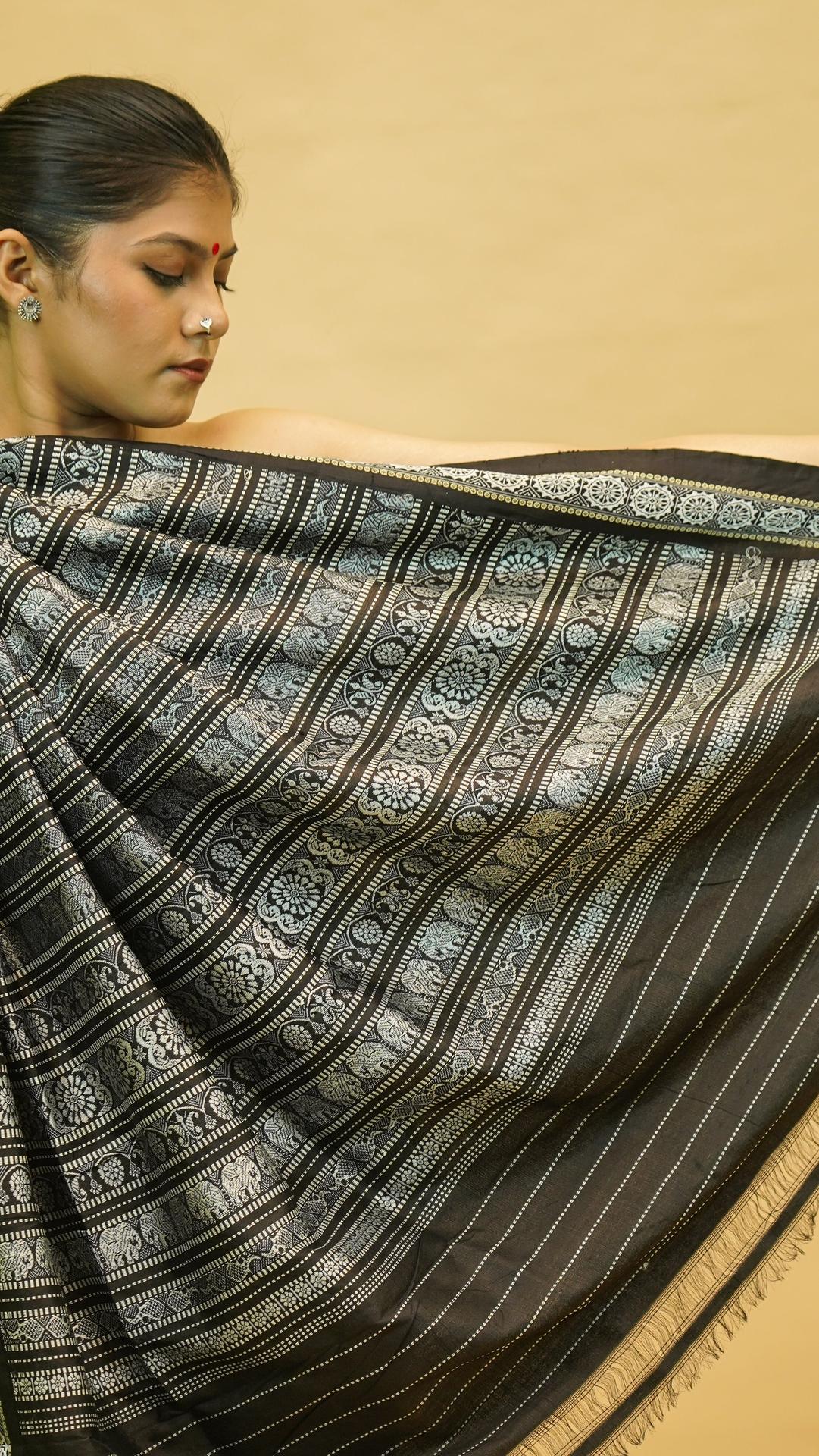 Black & Grey Mulberry Silk Odisha Ikat Saree With Chakra Border image 3