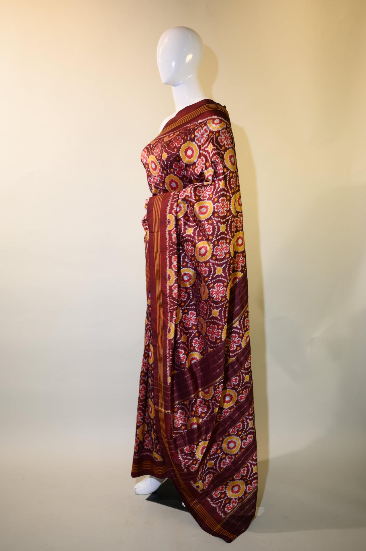 Maroon & Yellow Mulberry Silk Pochampally Ikat Saree image 3