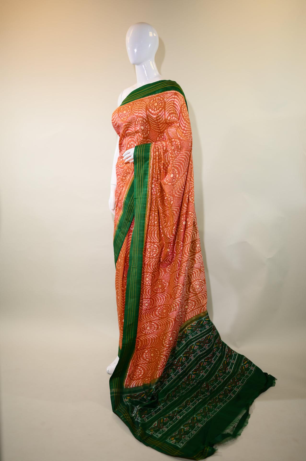 Rust Orange & Green Mulberry Silk Pochampally Ikat Saree image 3
