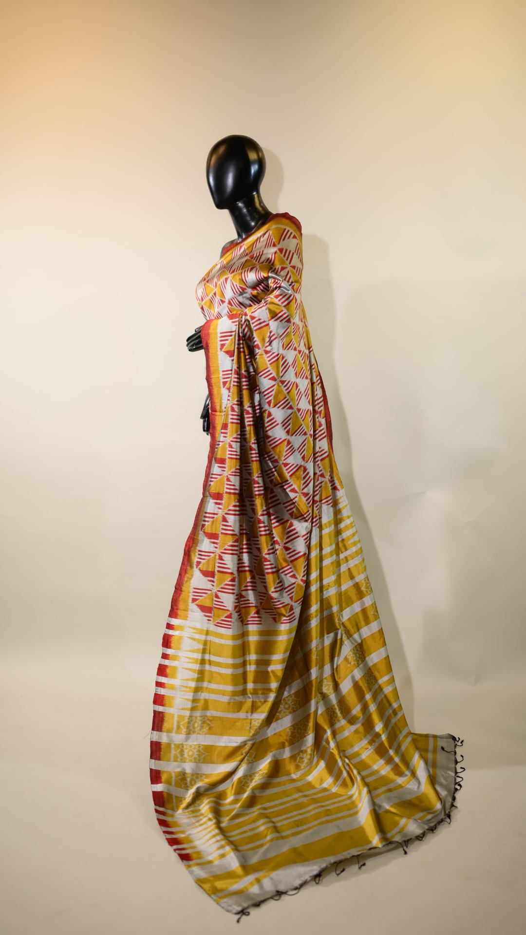 Golden & Silver With Red Mulberry Silk Odisha Ikat Saree image 3