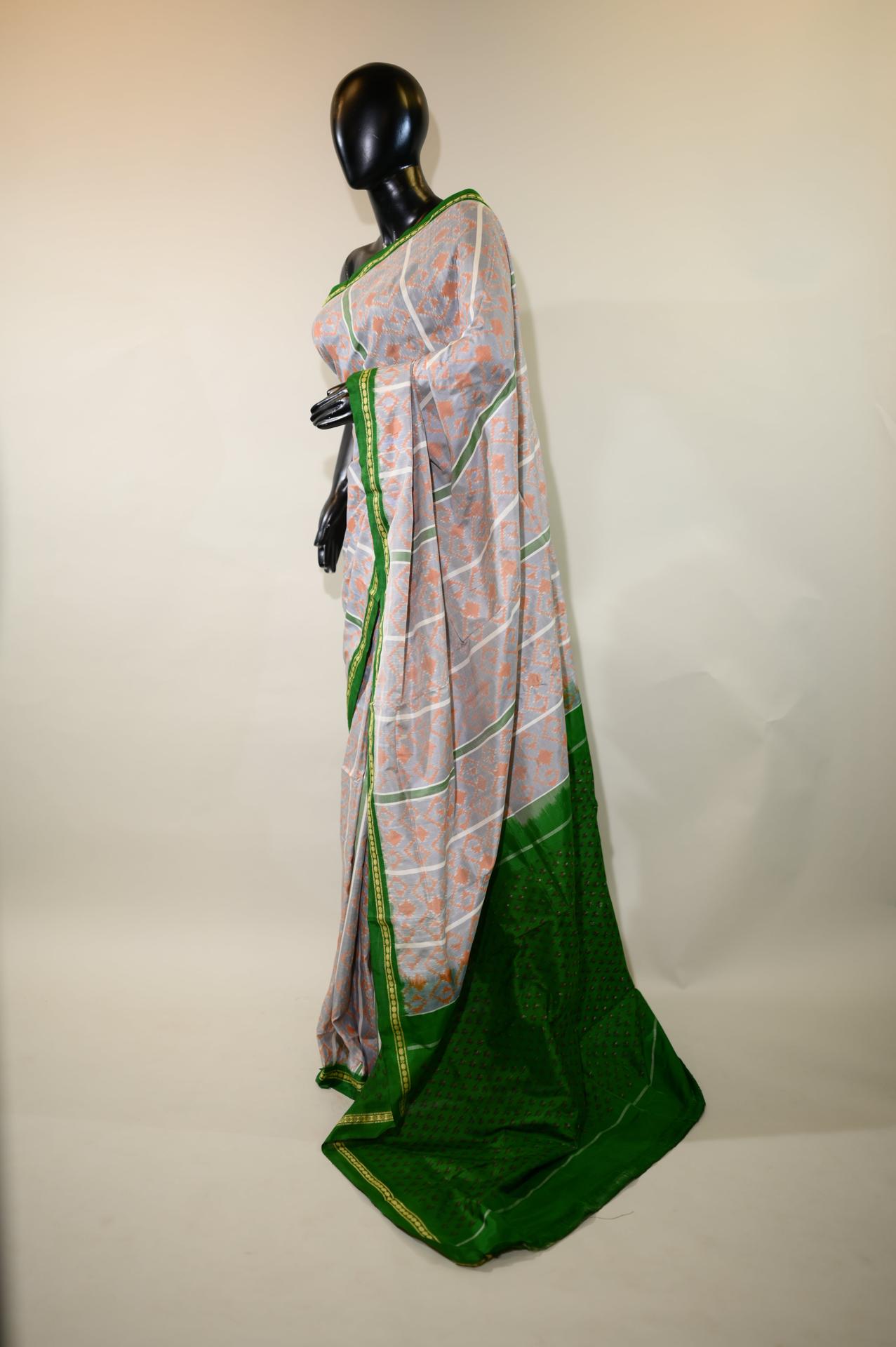 Grey & Green Mulberry Silk Pochampally Ikat Saree image 3
