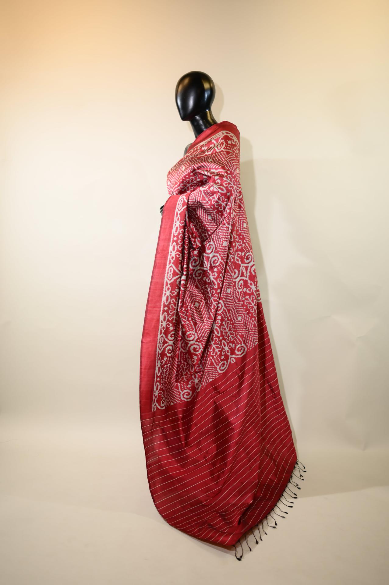 Maroon & Silver Mulberry Silk Odisha Ikat Saree image 3