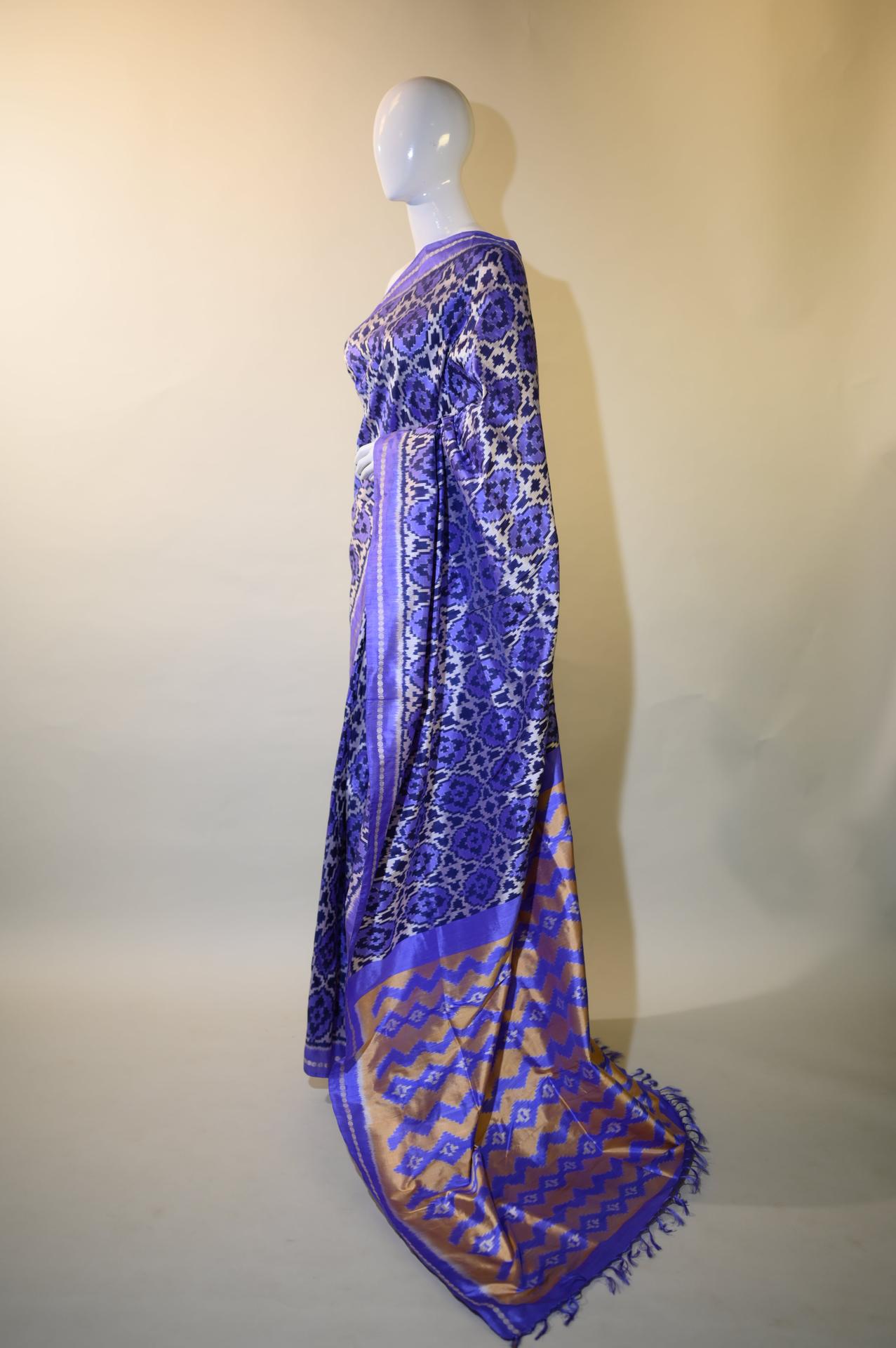 Iris Purple & Yellow Mulberry Silk Pochampally Ikat Saree image 3