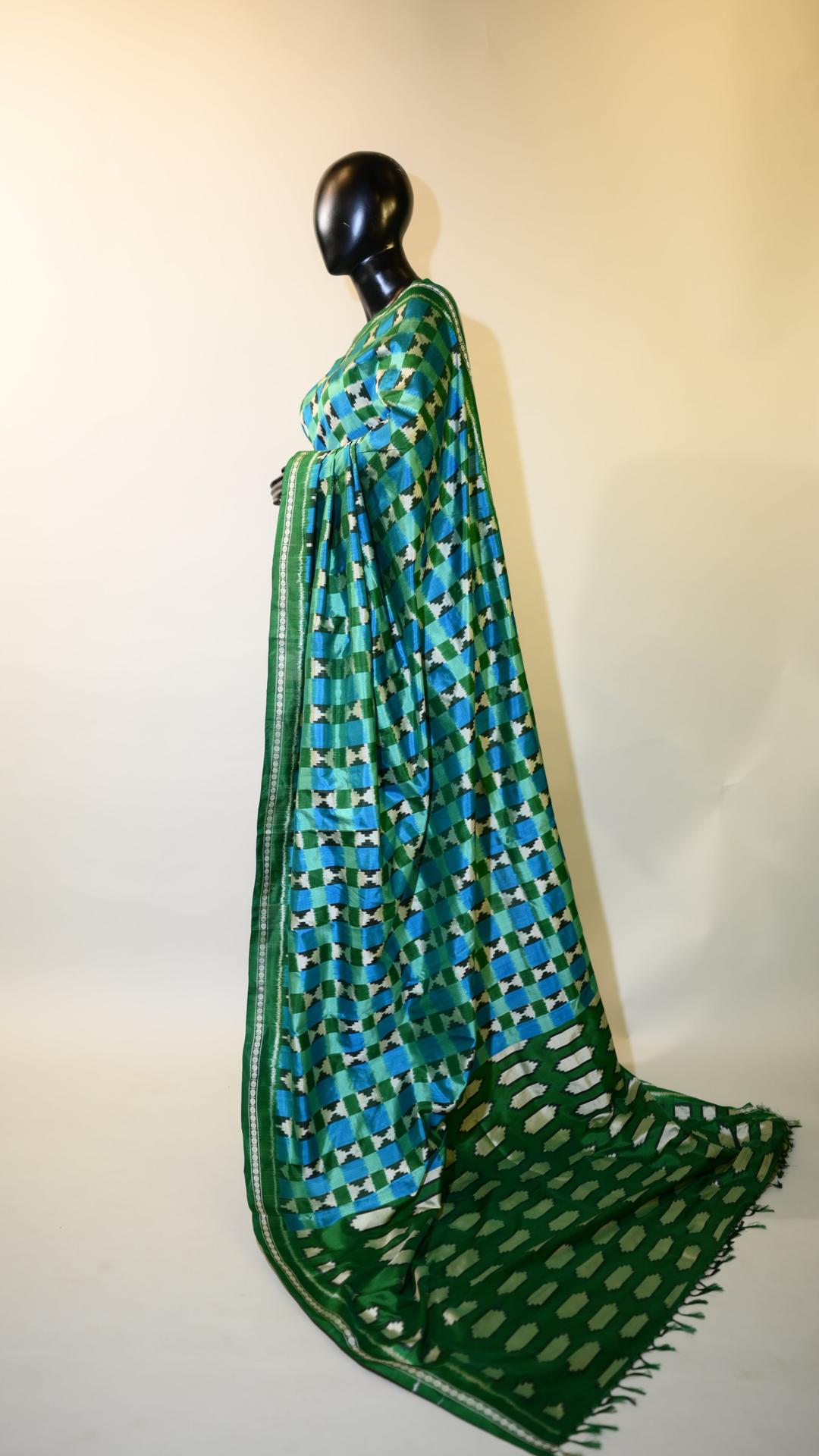 Aqua Blue & Green Mulberry Silk Pochampally Ikat Saree image 3