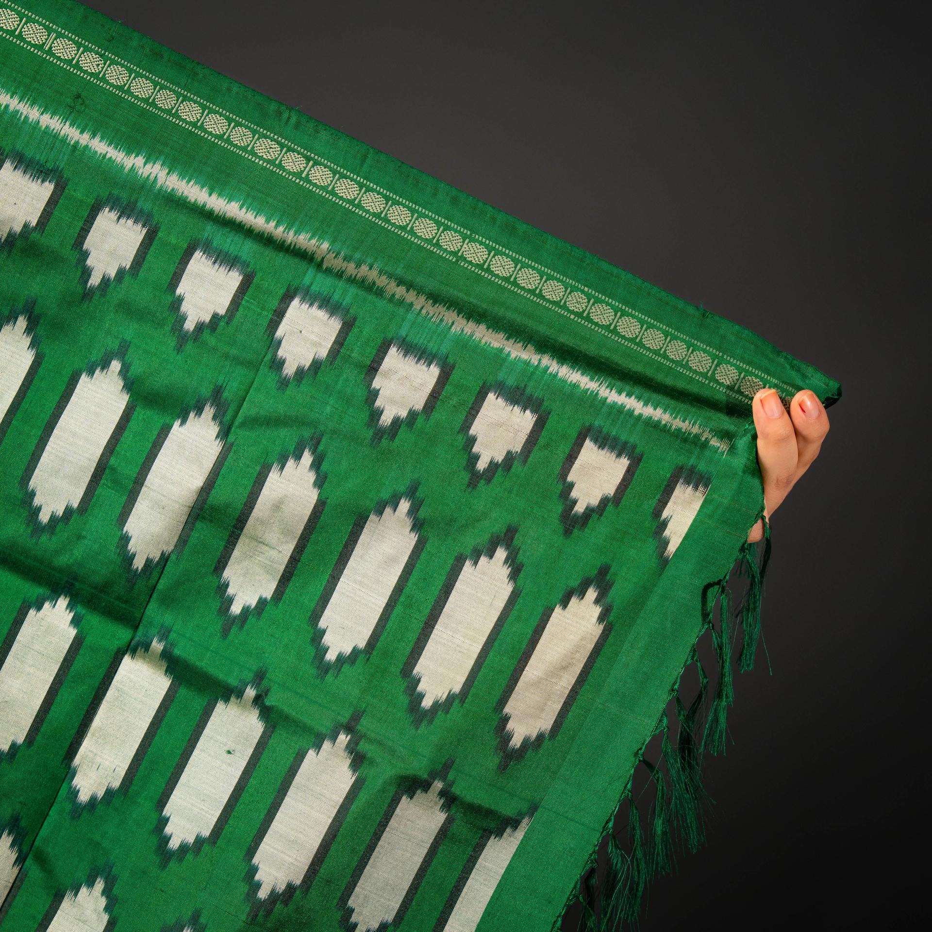 Emerald & Turquoise Mulberry Silk Pochampally Ikat Saree image 3