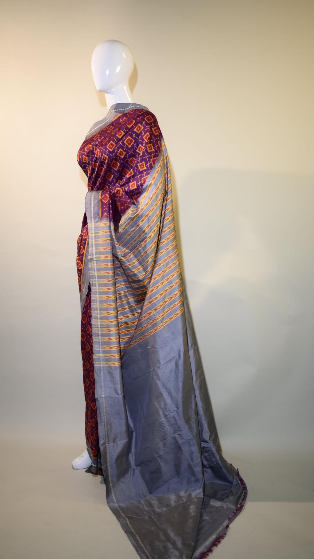 Bibhu Mohapatra Dark Purple & Orange Mulberry Silk Odisha Ikat Saree image 3