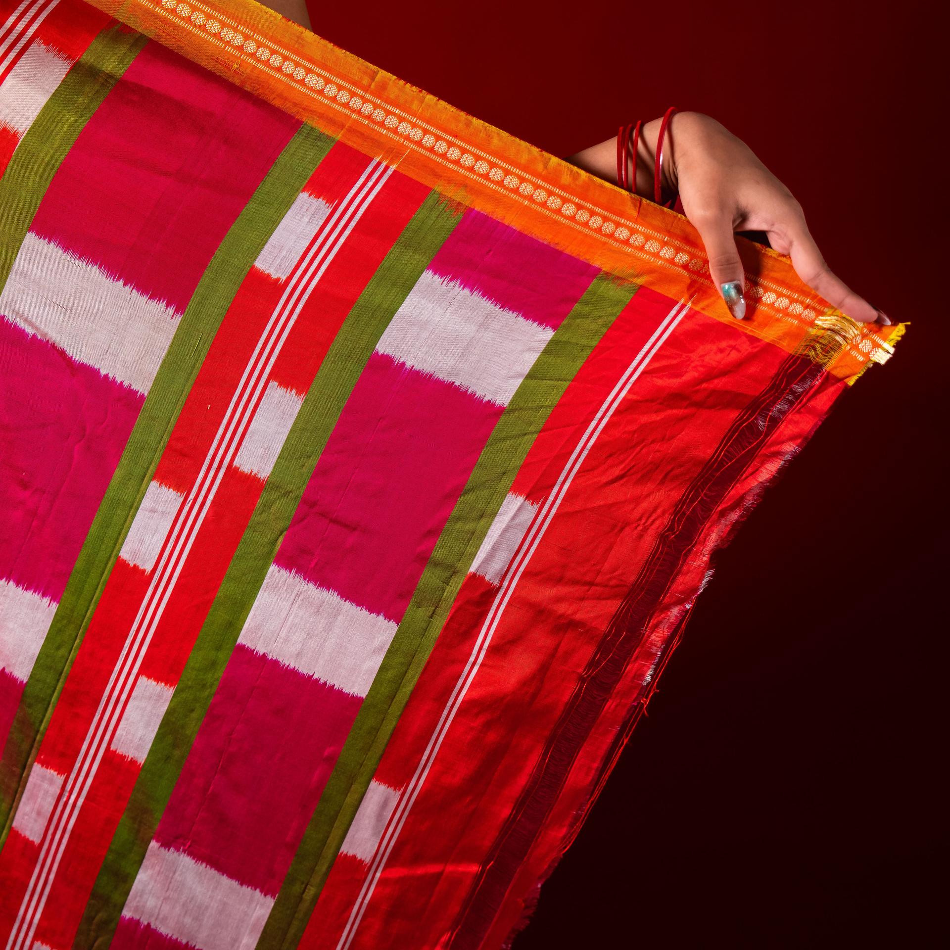 Sage Green & Dark Pink Mulberry Silk Pochampally Ikat Saree image 3