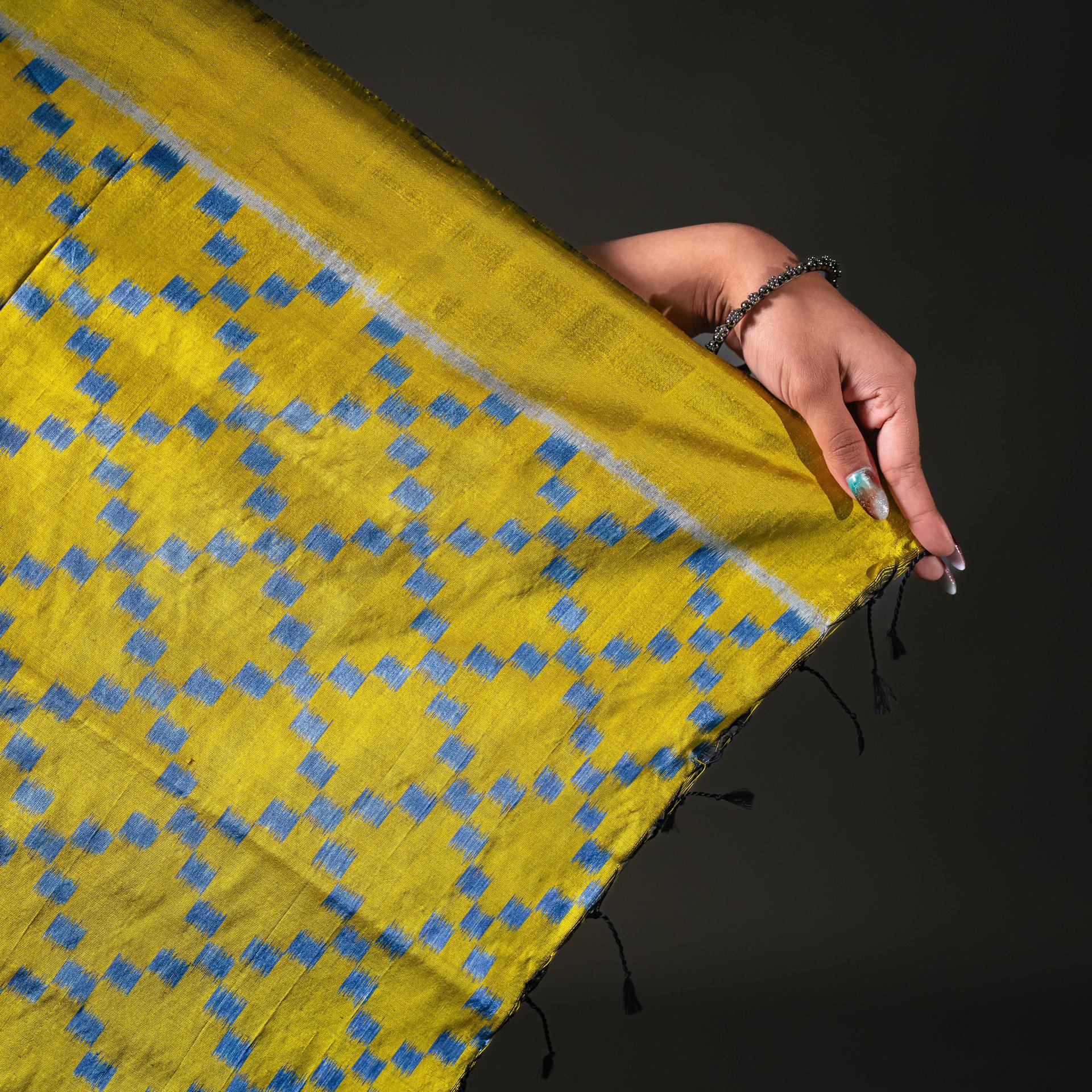 Blue & Yellow Mulberry Silk Odisha Ikat Saree image 3