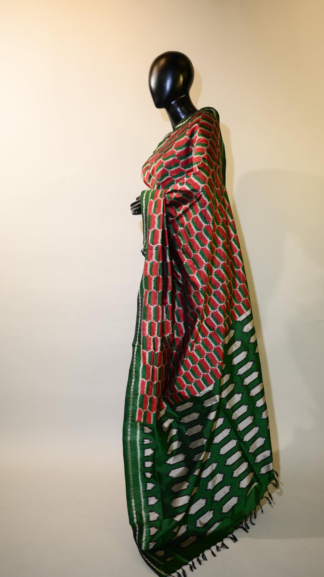 Green & Red Mulberry Silk Pochampally Ikat Saree image 3