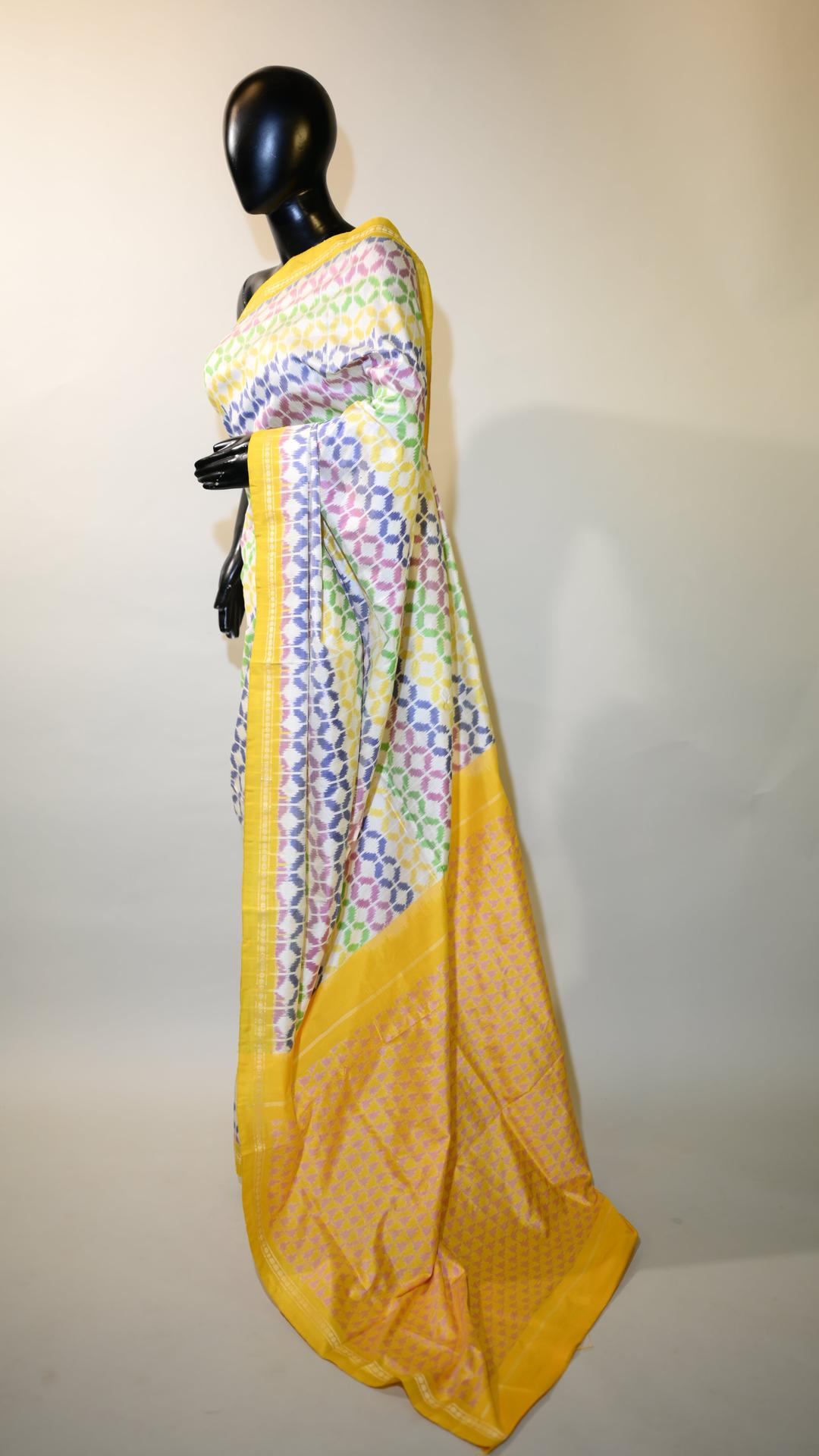 Bibhu Mohapatra Yellow & White Mulberry Silk Pochampally Ikat Saree image 3