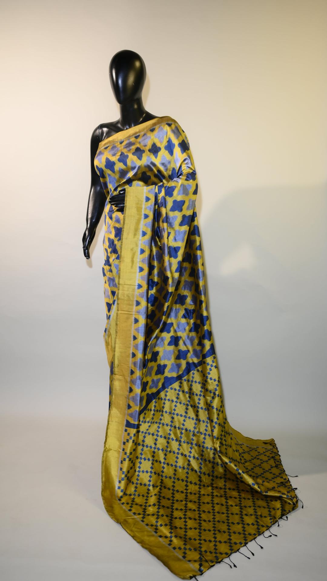 Bibhu Mohapatra Bright Yellow & Blue Mulberry Silk Odisha Ikat Saree image 3