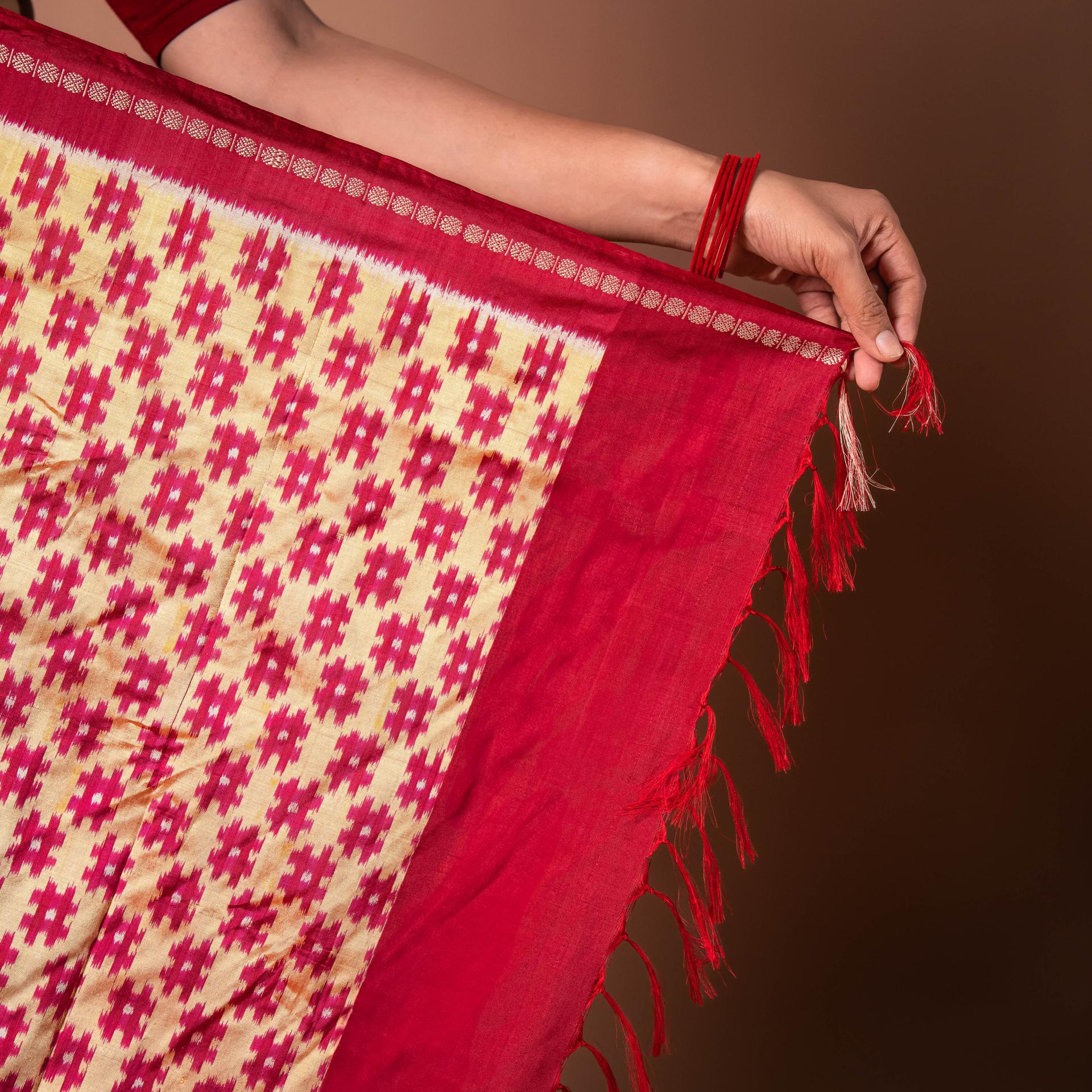 Bibhu Mohapatra Red & Light Yellow Mulberry Silk Pochampally Ikat Saree image 3