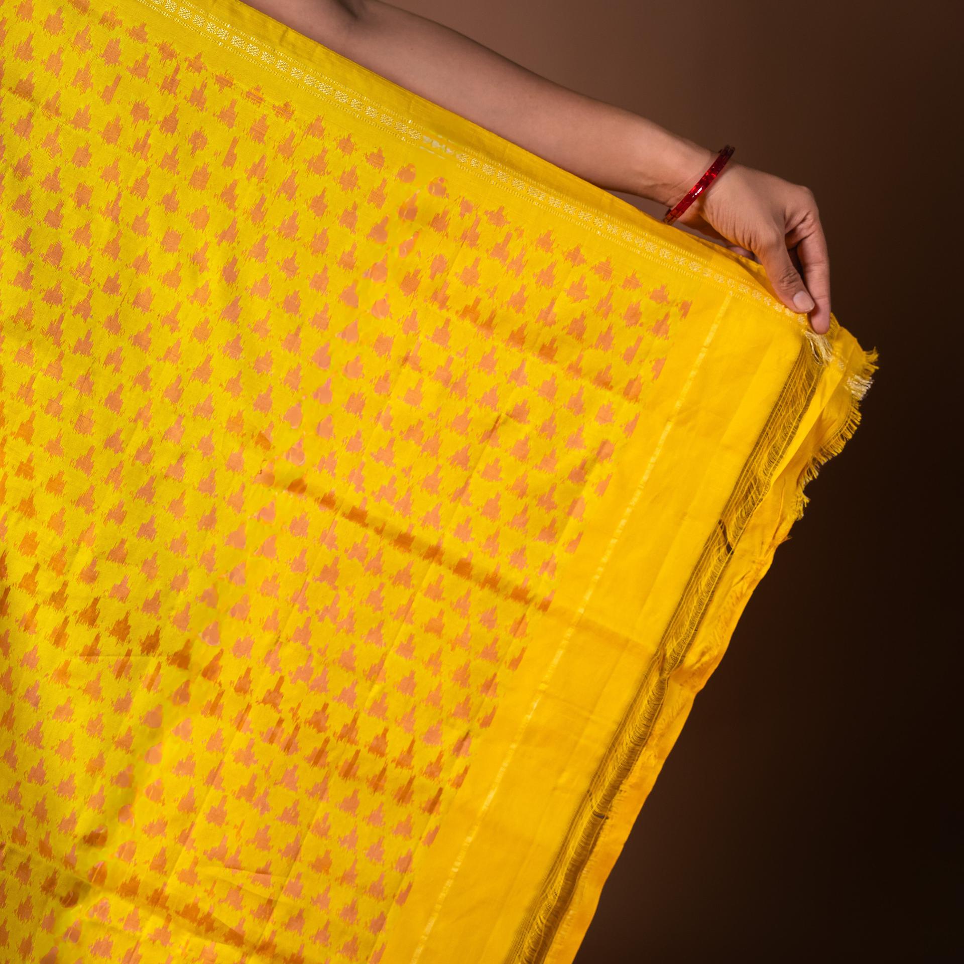 Bibhu Mohapatra Yellow & Brown Mulberry Silk Pochampally Ikat Saree image 3