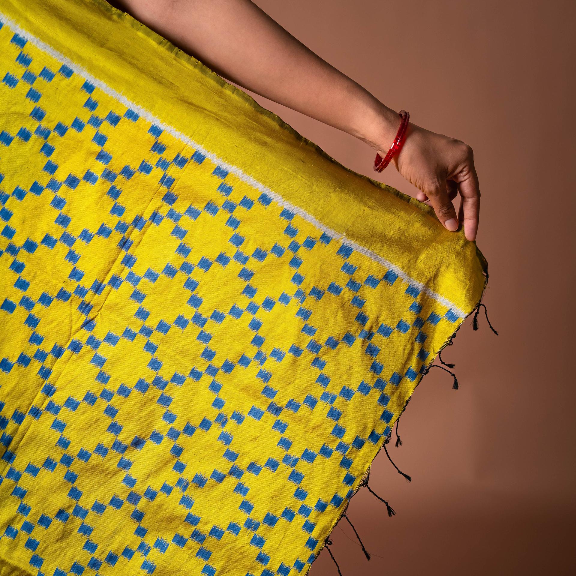 Yellow And Brown Mulberry Silk Chevron Motif Odisha Ikat Saree image 3