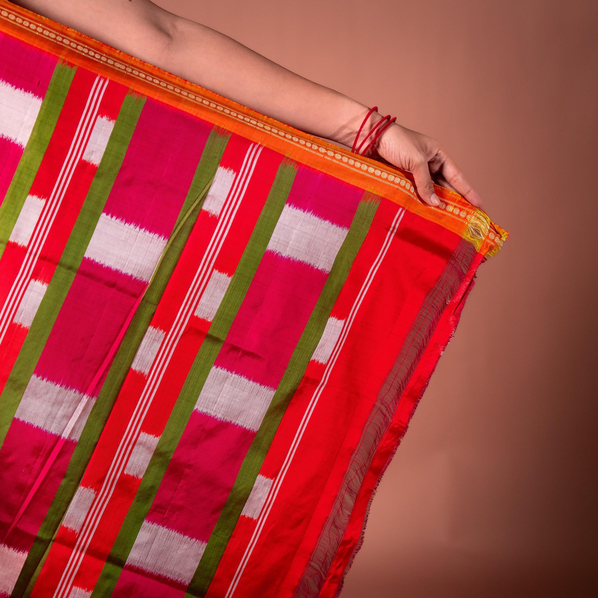 Bibhu Mohapatra Orange & Green Mulberry Silk Pochampally Ikat Saree image 3