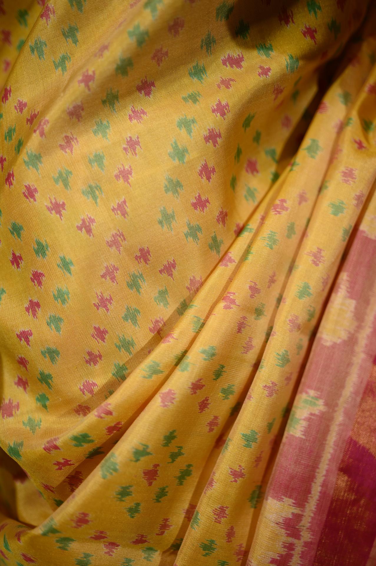 Mustard Yellow & Pink Mulberry Silk Patola Ikat Saree image 4