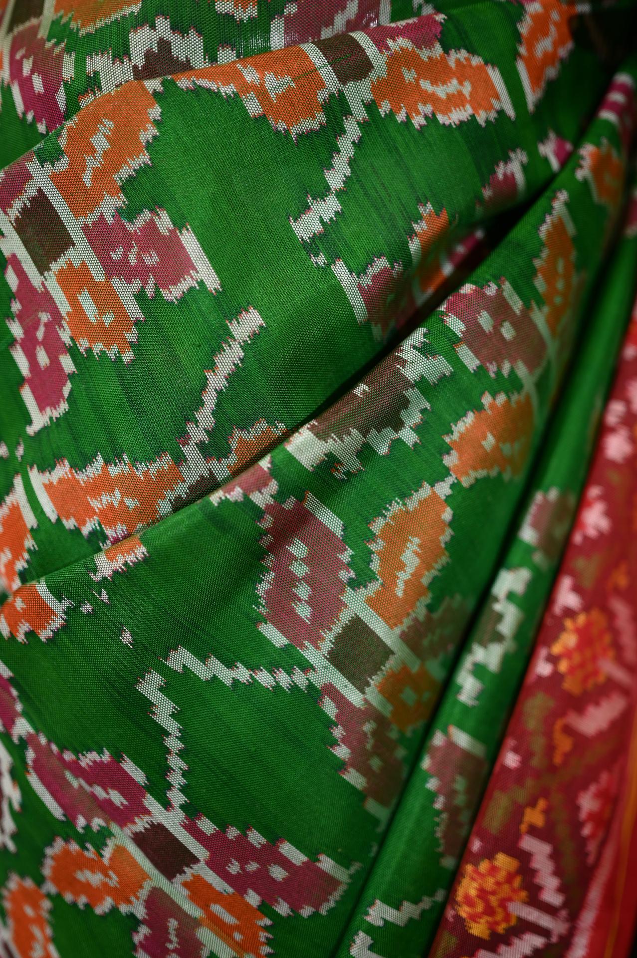 Maroon & Leaf Green Mulberry Silk Patola Ikat Saree image 4