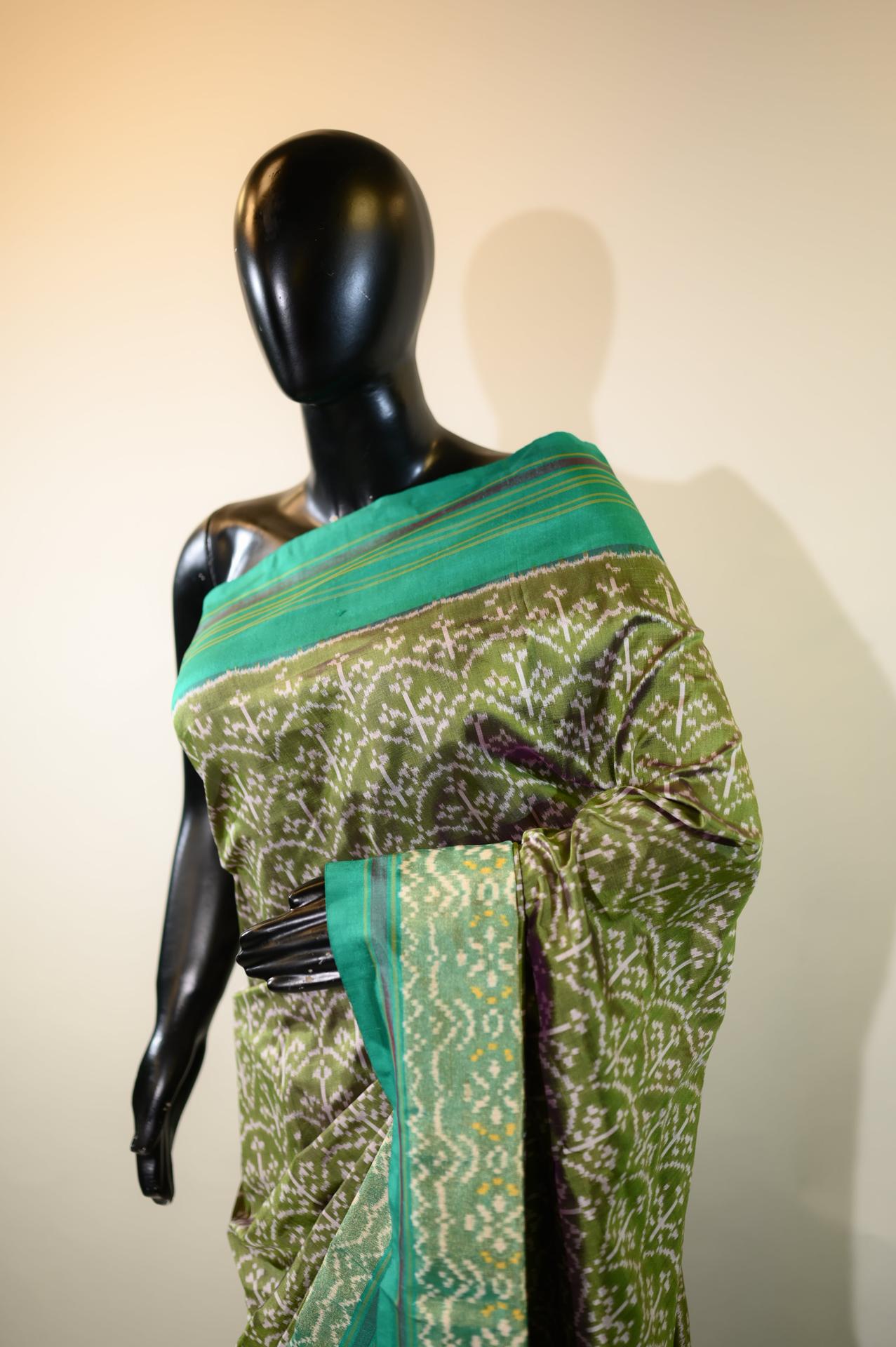 Sage Green & Peacock Green Mulberry Silk Patola Ikat Saree image 4