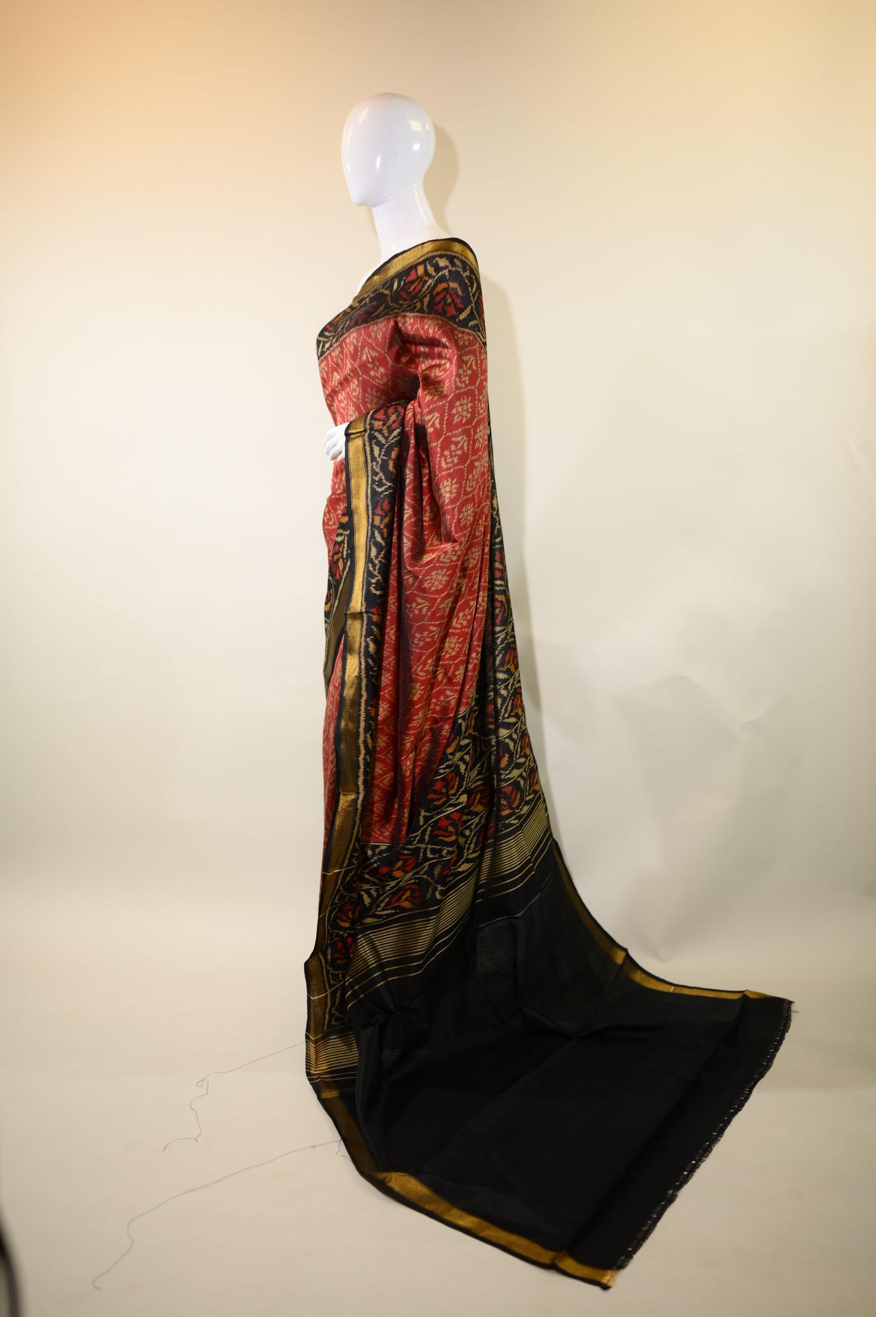 Maroon & Golden Mulberry Silk Patola Ikat Saree image 4