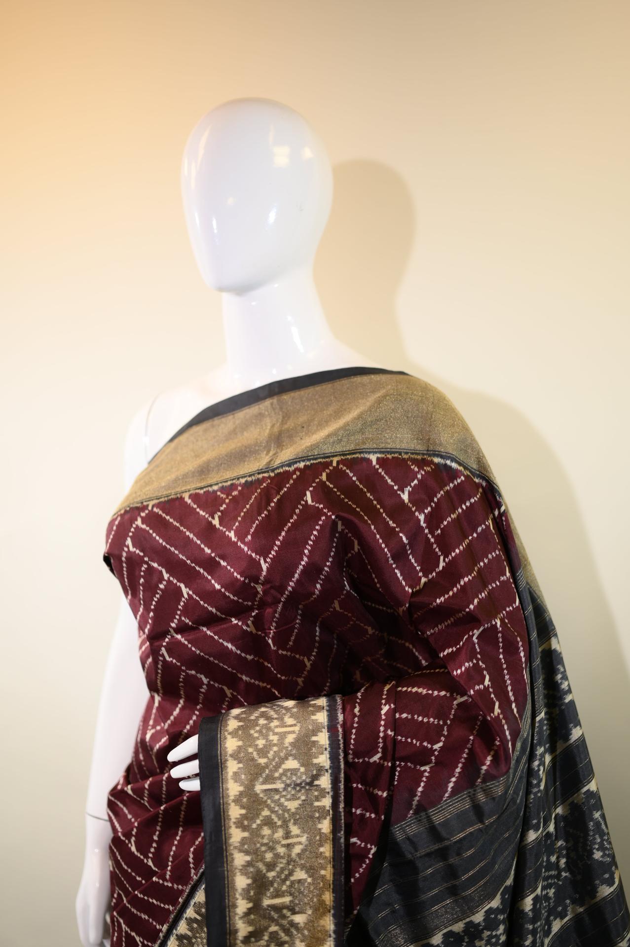 Dark Burgundy & Dark Grey Mulberry Silk Pochampally Ikat image 4