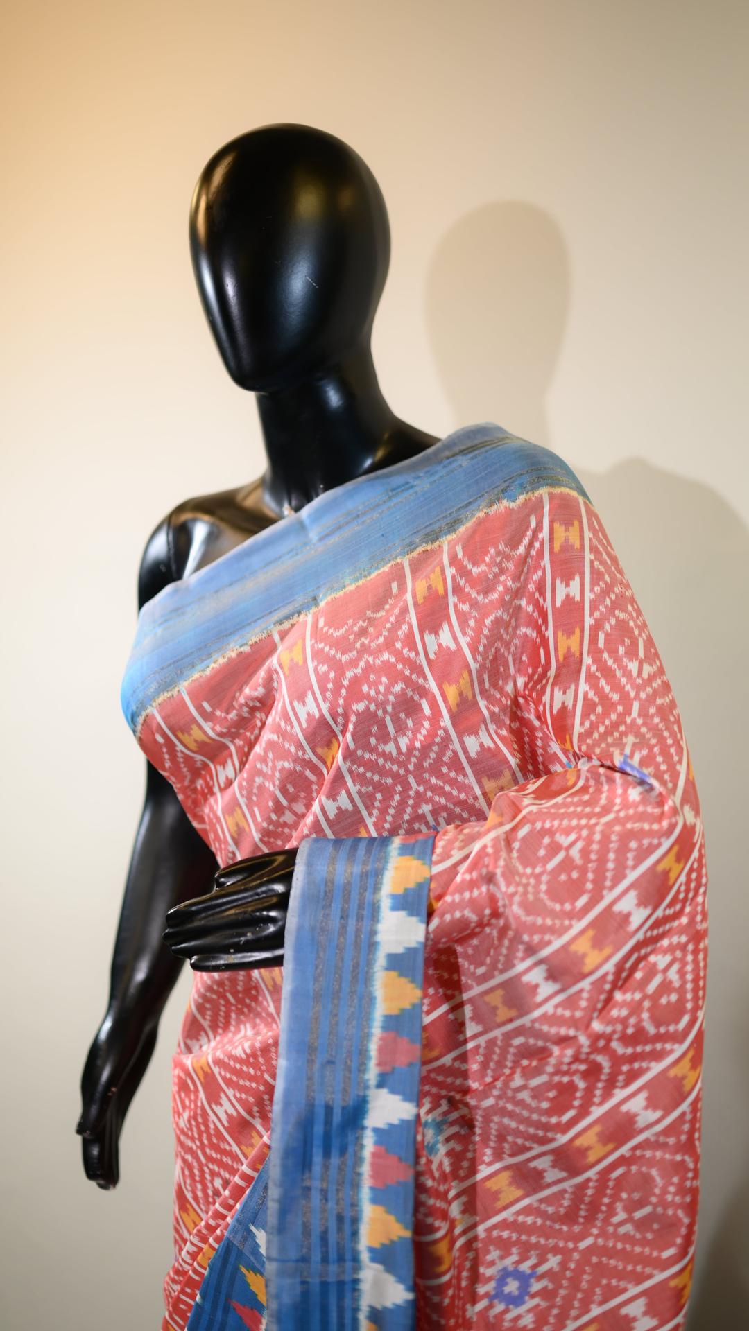 Brick Red & Light Blue Mulberry Silk Pochampally Ikat Saree image 4