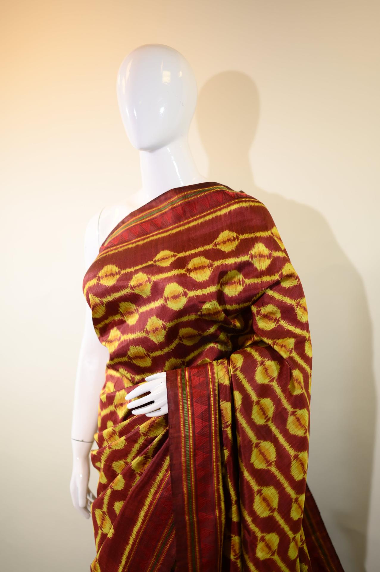 Maroon & Orangish Yellow Mulberry Silk Odisha Ikat Saree image 4