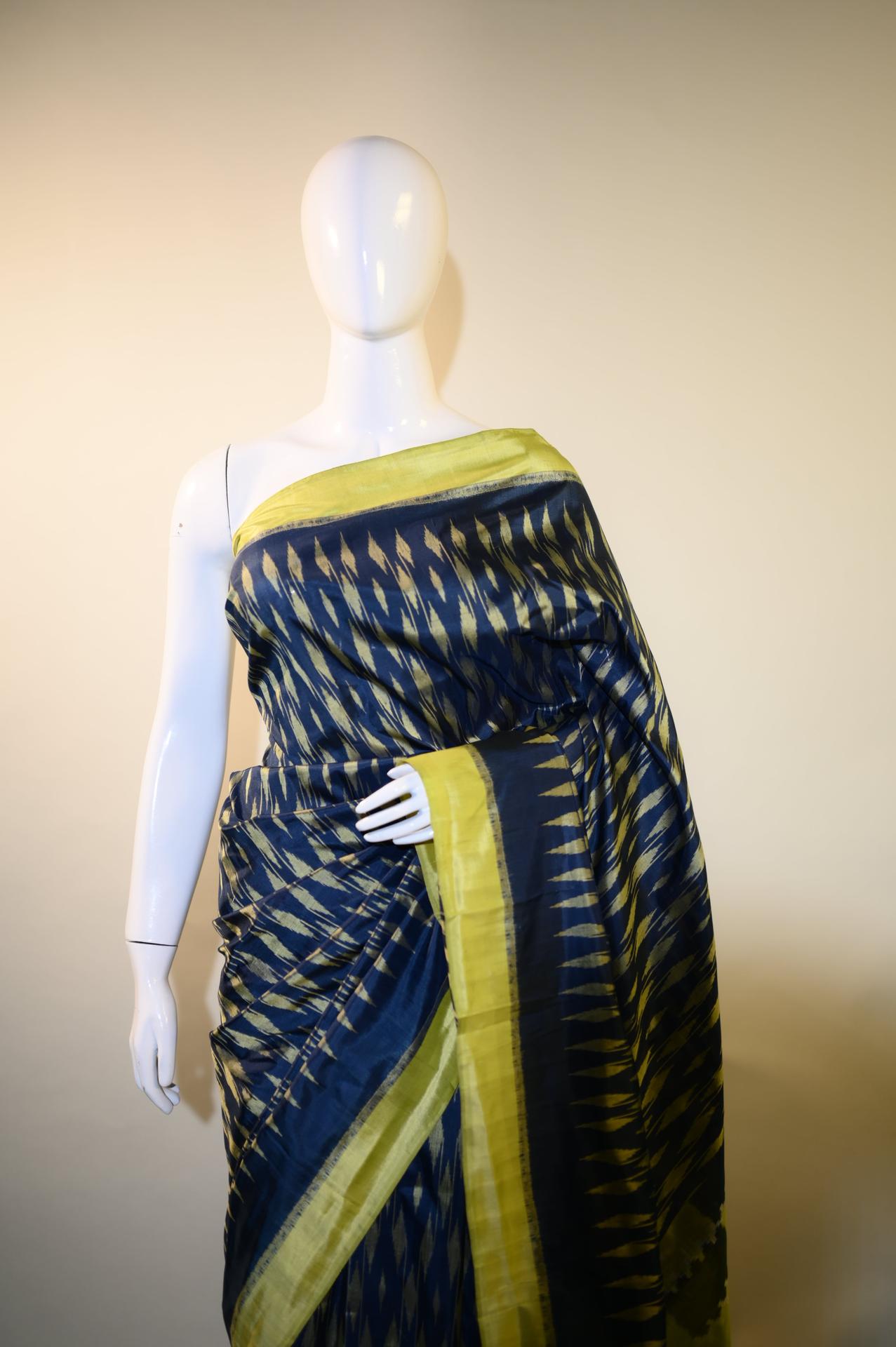 Bibhu Mohapatra Navy Blue & Lime Green Mulberry Silk Odisha Ikat Saree image 4
