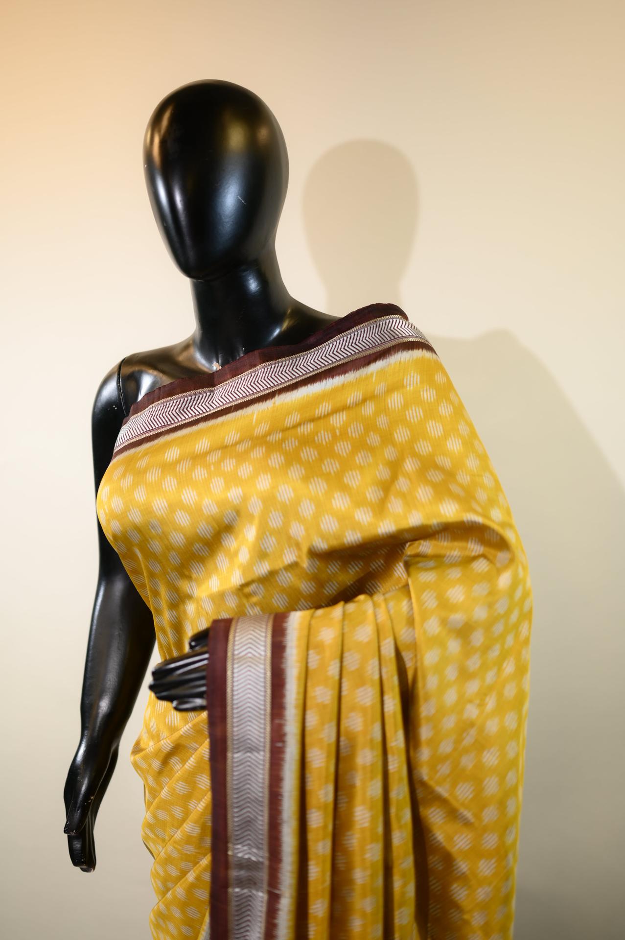 Dark Yellow & Brown Mulberry Silk Odisha Ikat Saree image 4