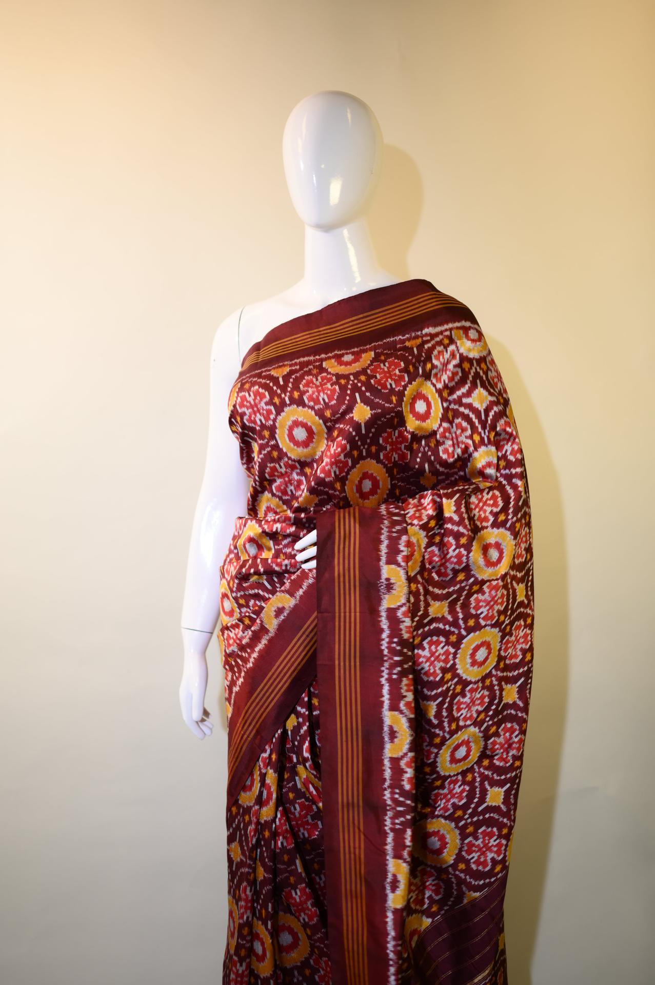 Maroon & Yellow Mulberry Silk Pochampally Ikat Saree image 4
