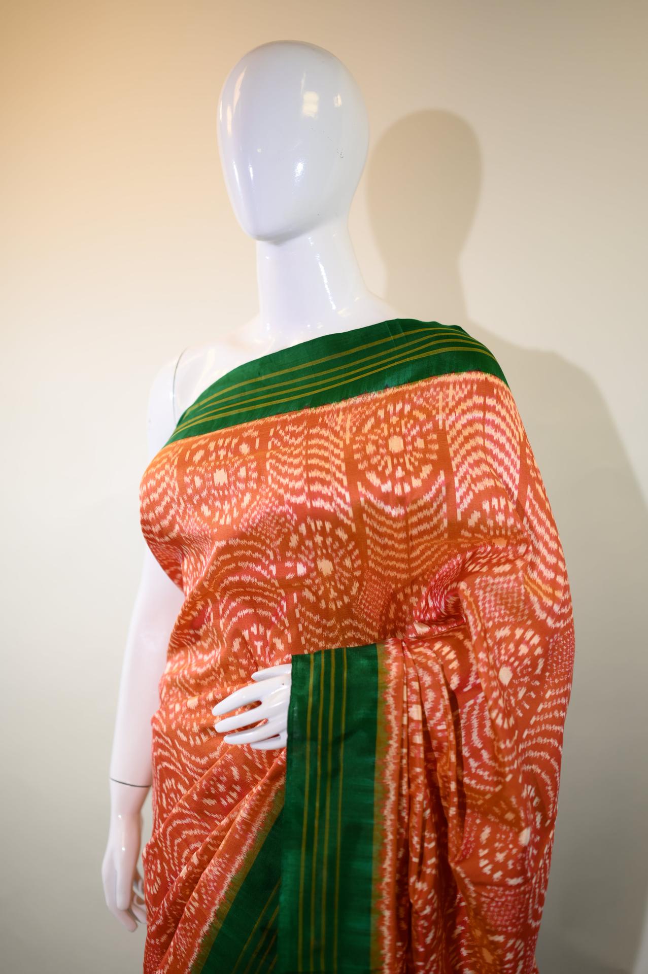 Rust Orange & Green Mulberry Silk Pochampally Ikat Saree image 4