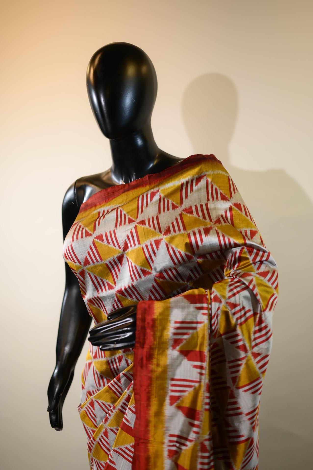 Golden & Silver With Red Mulberry Silk Odisha Ikat Saree image 4