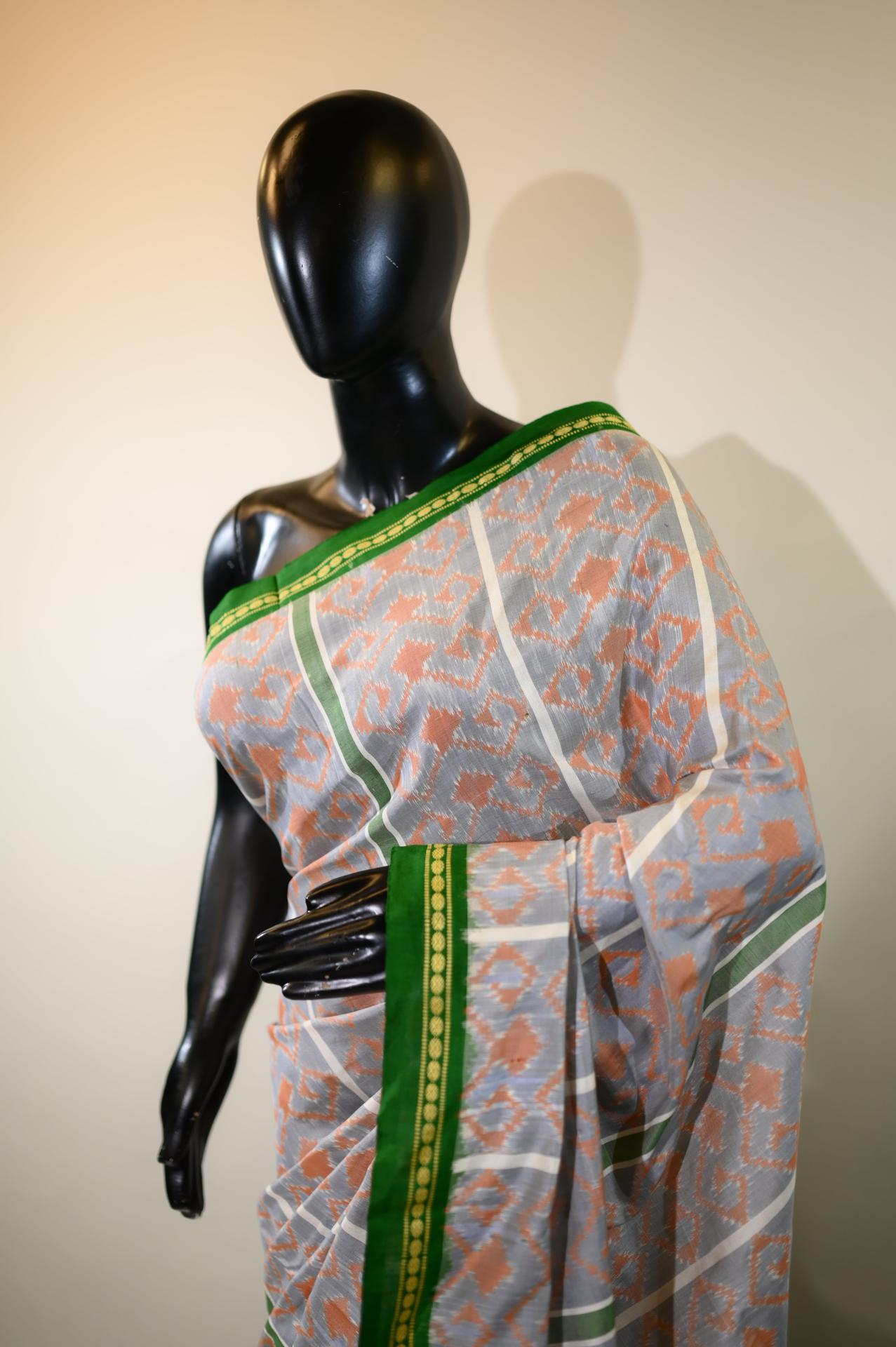 Grey & Green Mulberry Silk Pochampally Ikat Saree image 4