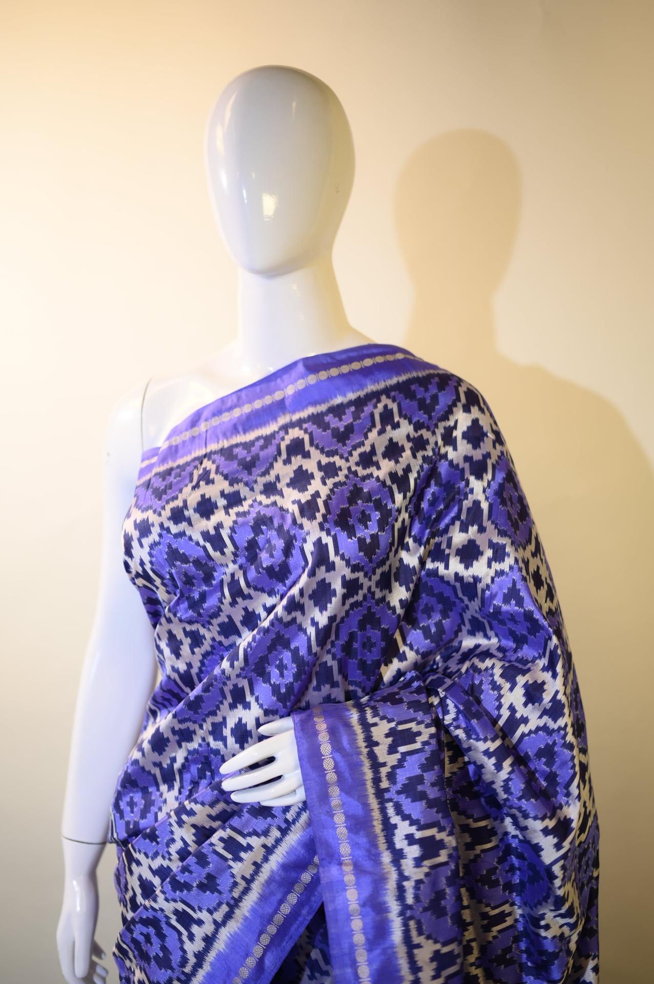 Iris Purple & Yellow Mulberry Silk Pochampally Ikat Saree image 4