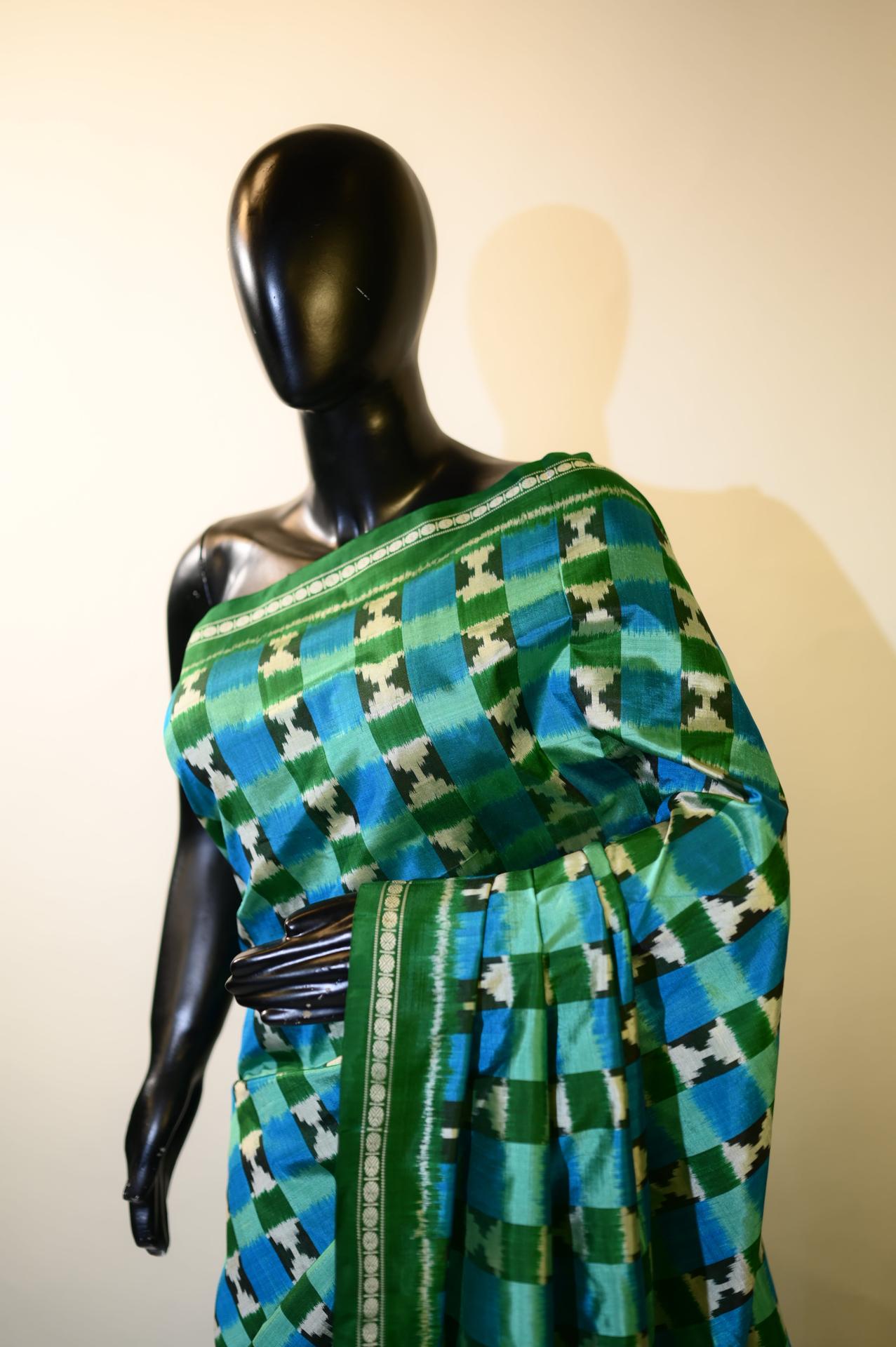 Aqua Blue & Green Mulberry Silk Pochampally Ikat Saree image 4