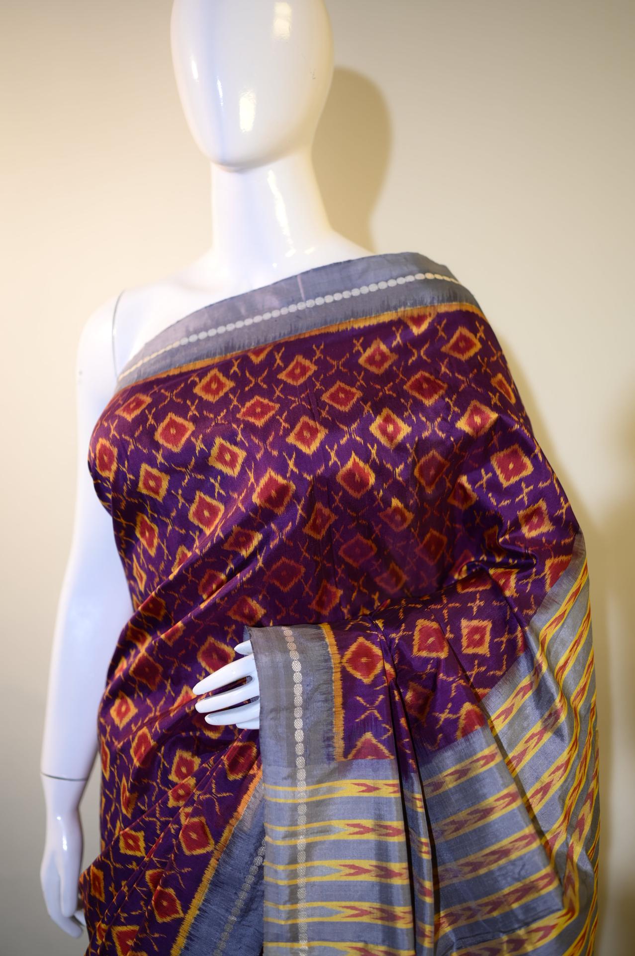 Bibhu Mohapatra Dark Purple & Orange Mulberry Silk Odisha Ikat Saree image 4