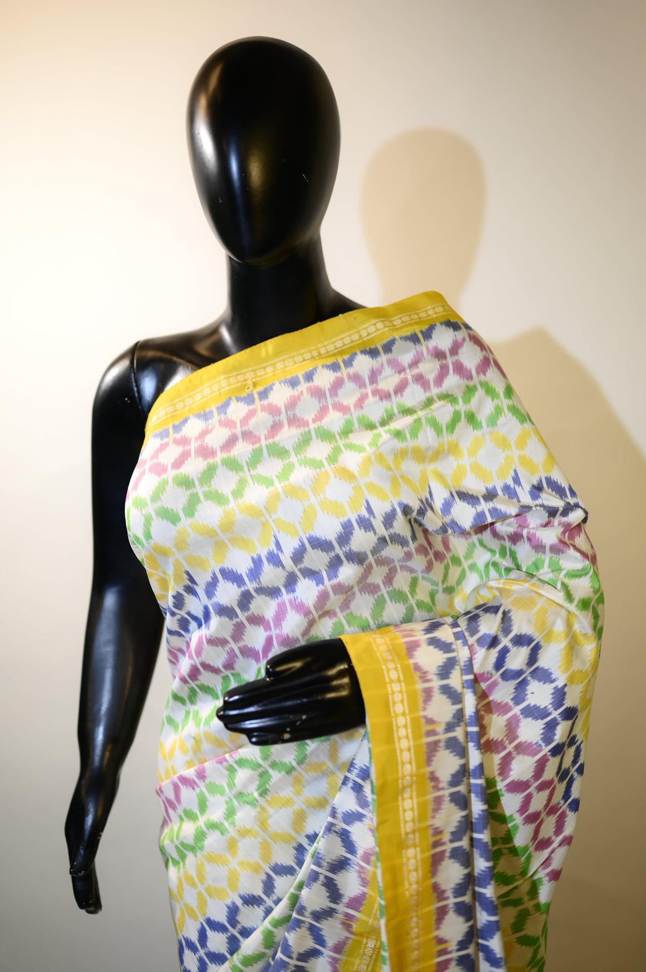 Bibhu Mohapatra Yellow & White Mulberry Silk Pochampally Ikat Saree image 4