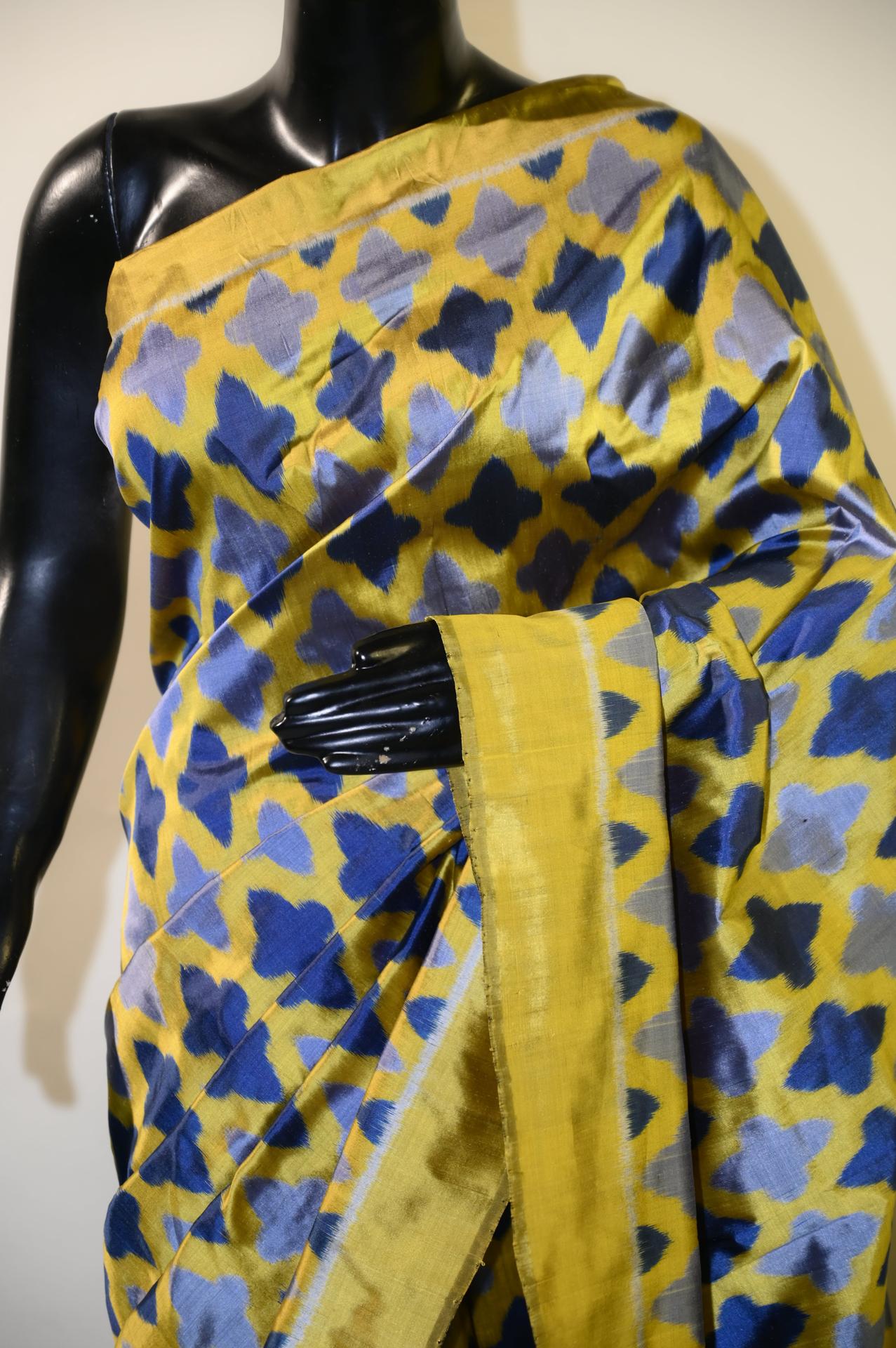 Bibhu Mohapatra Bright Yellow & Blue Mulberry Silk Odisha Ikat Saree image 4